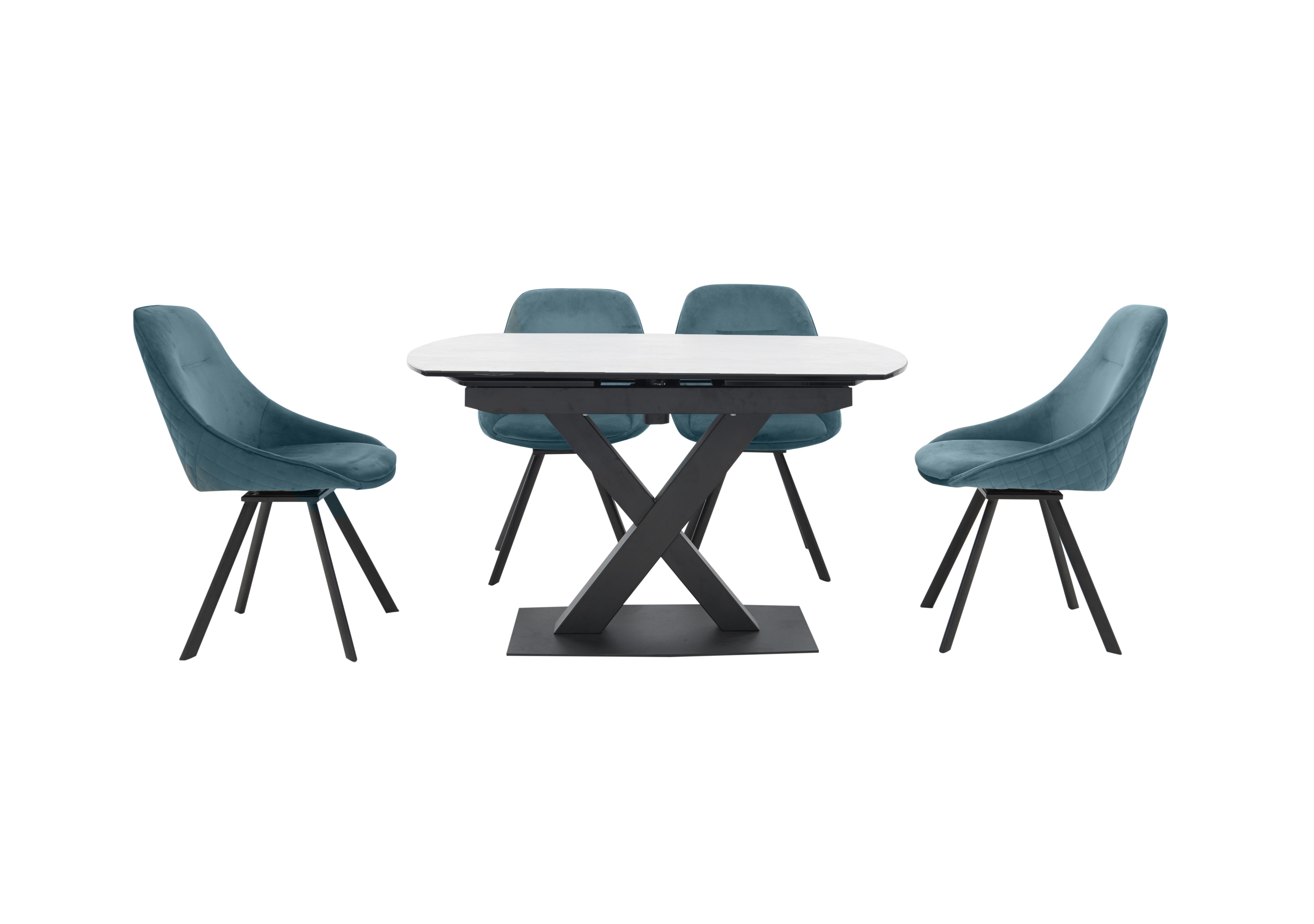 Arctic Extending Dining Table with White Top and 4 Swivel Chairs in Blue Velvet Chairs on Furniture Village