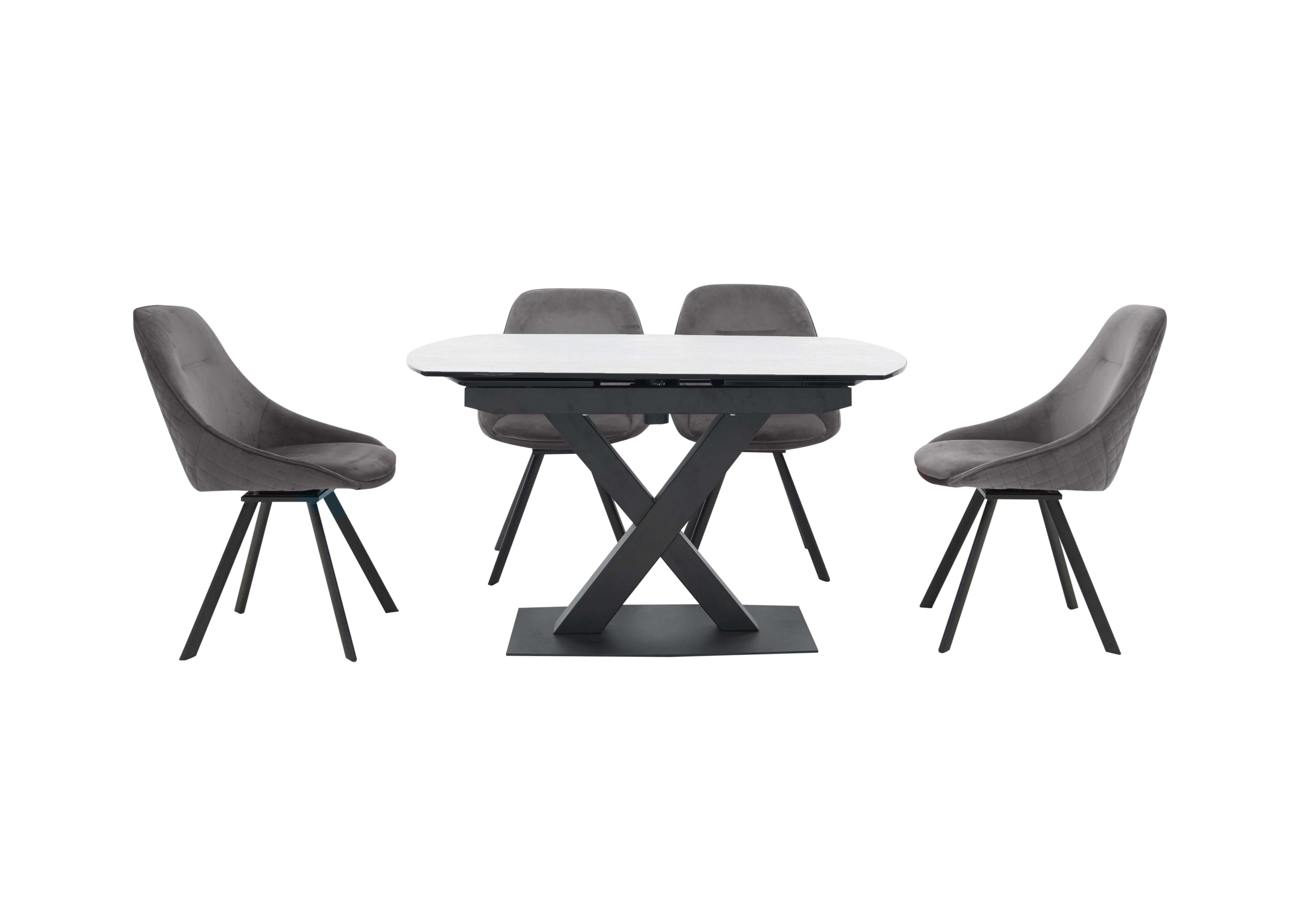 Arctic Extending Dining Table with White Top and 4 Swivel Chairs in Light Grey Velvet Chairs on Furniture Village