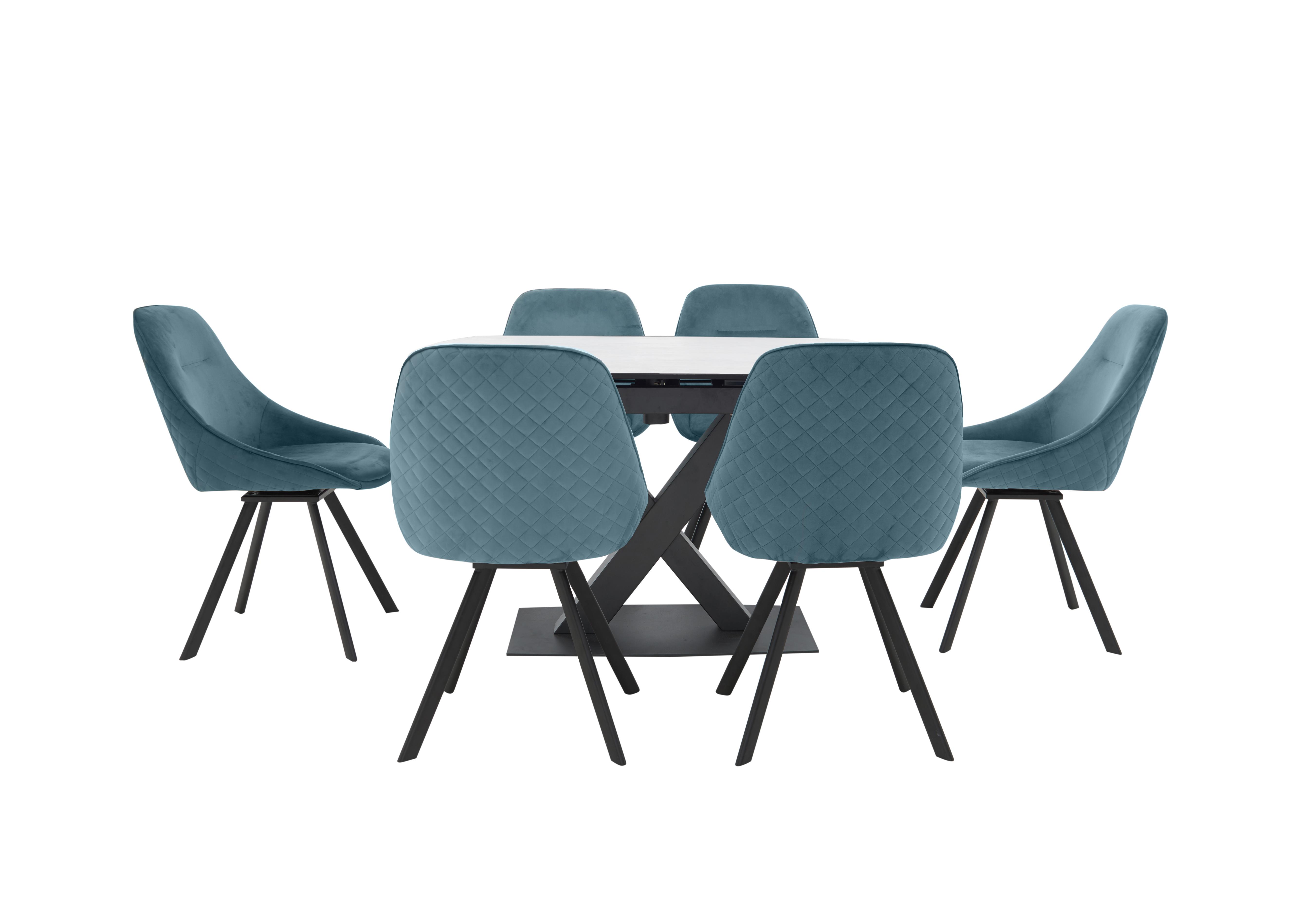 Arctic Extending Dining Table with White Top and 6 Swivel Chairs in Blue Velvet Chairs on Furniture Village