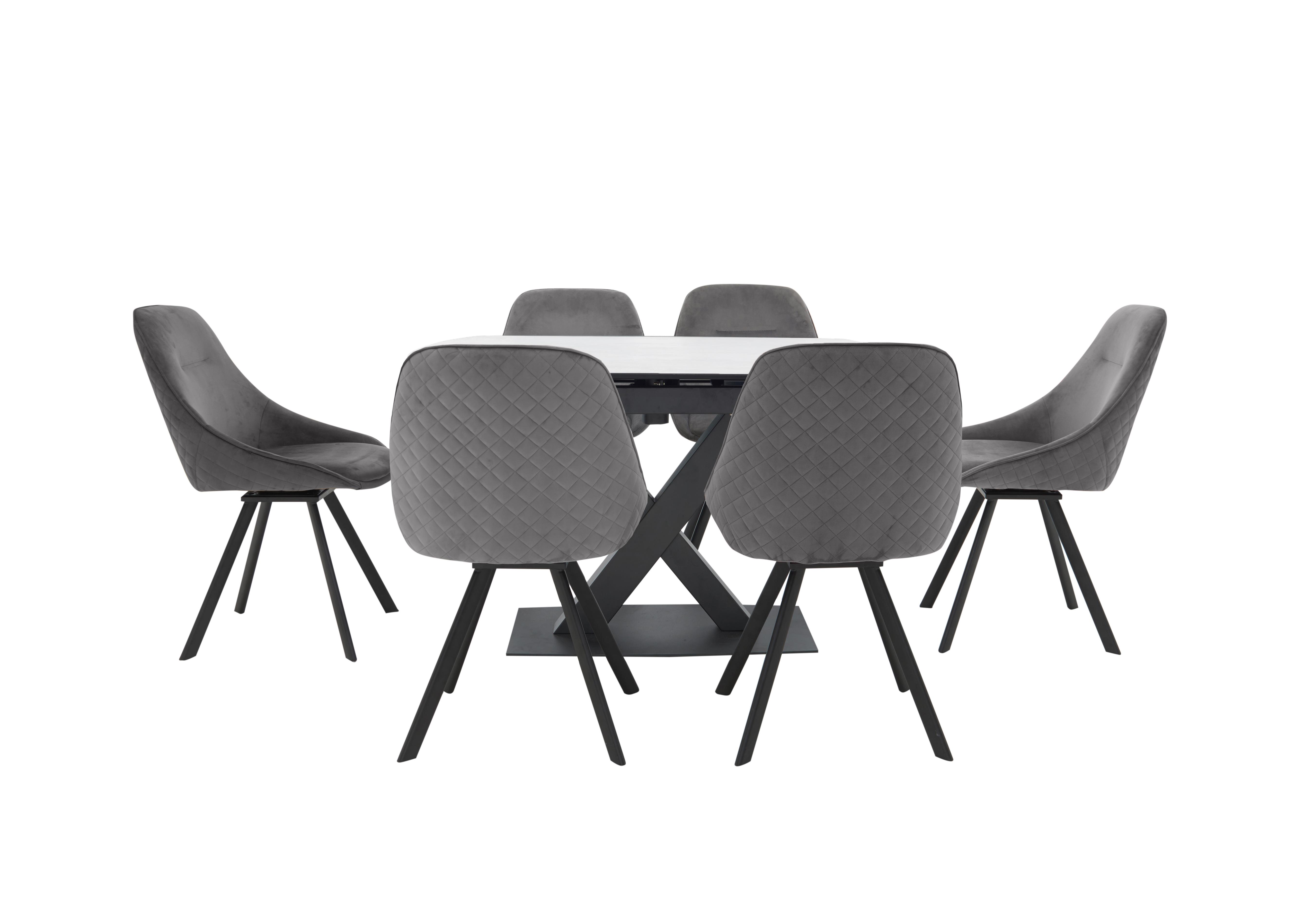 Arctic Extending Dining Table with White Top and 6 Swivel Chairs in Light Grey Velvet Chairs on Furniture Village