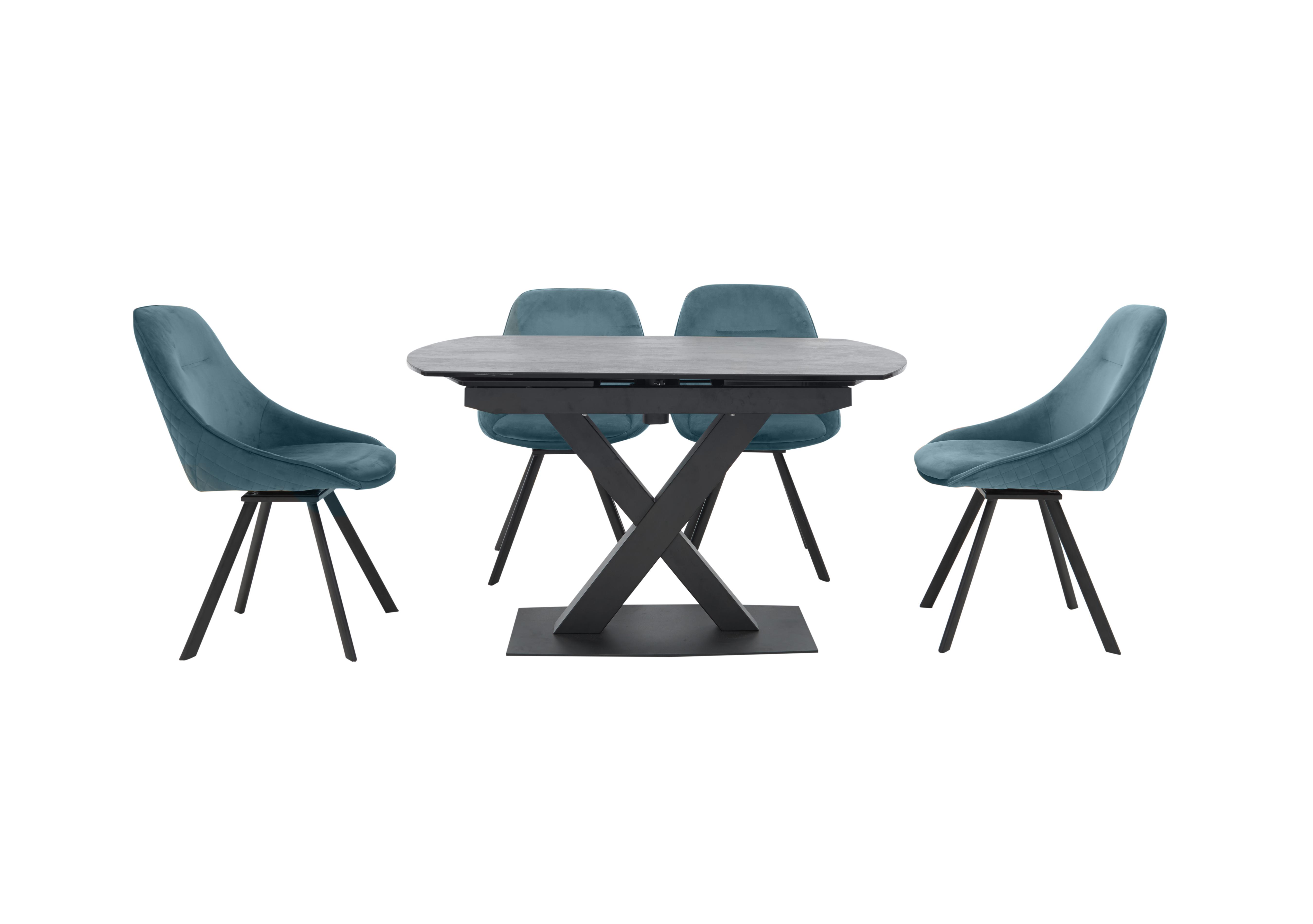 Arctic Extending Dining Table with Graphite Top and 4 Swivel Chairs in Blue Velvet Chairs on Furniture Village