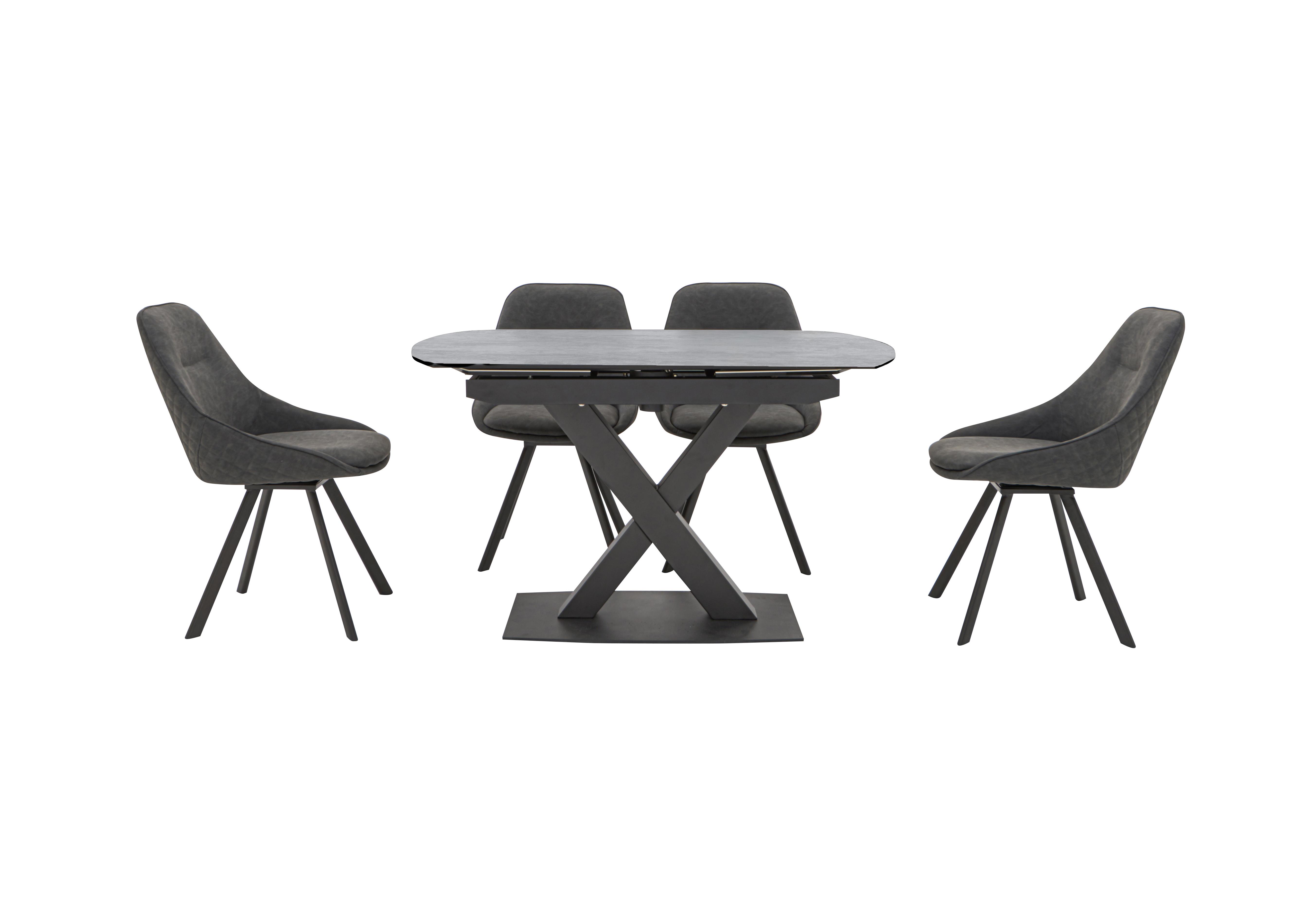 Arctic Extending Dining Table with Graphite Top and 4 Swivel Chairs in Dark Grey Faux Suede Chairs on Furniture Village