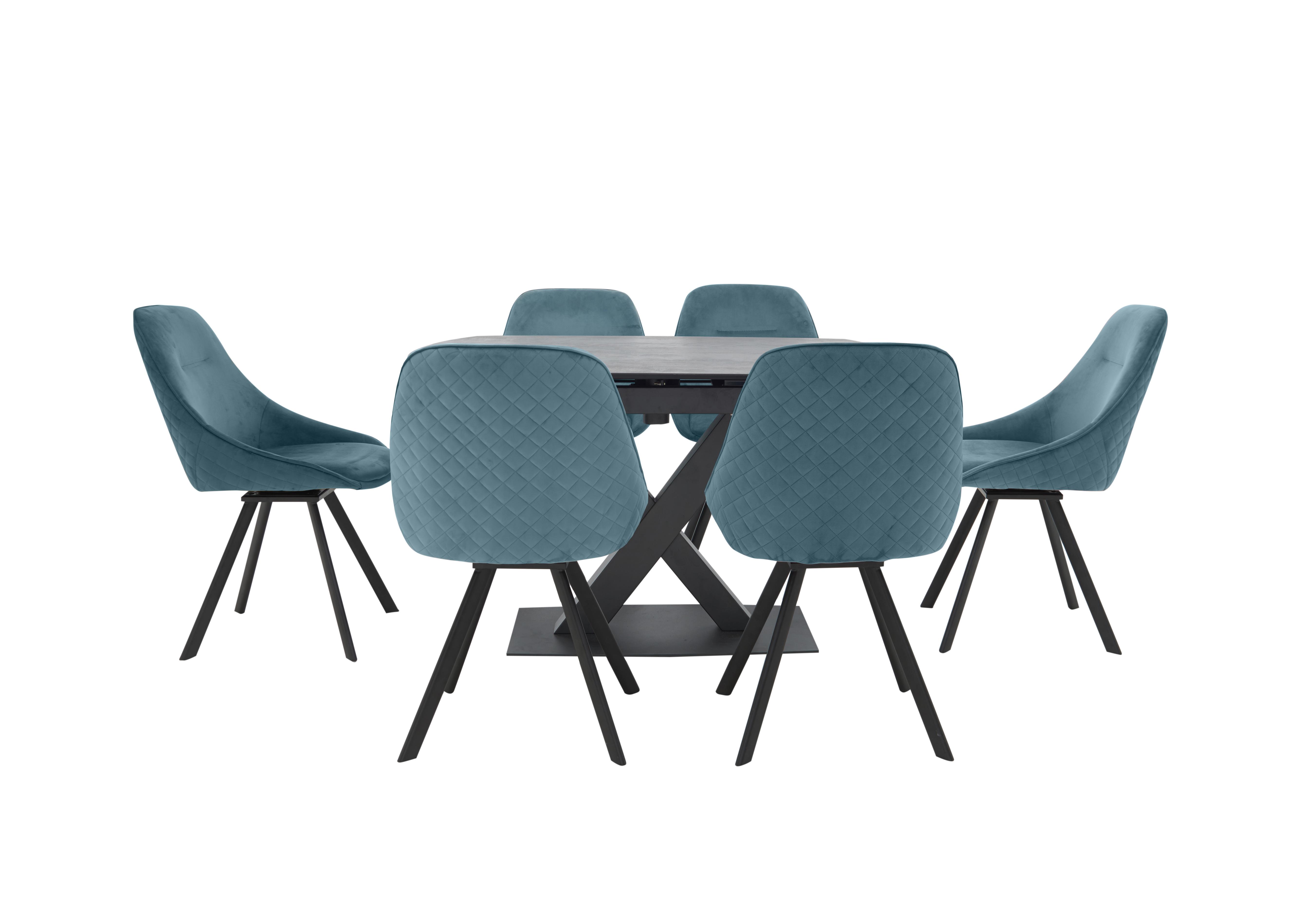 Arctic Extending Dining Table with Graphite Top and 6 Swivel Chairs in Blue Velvet Chairs on Furniture Village