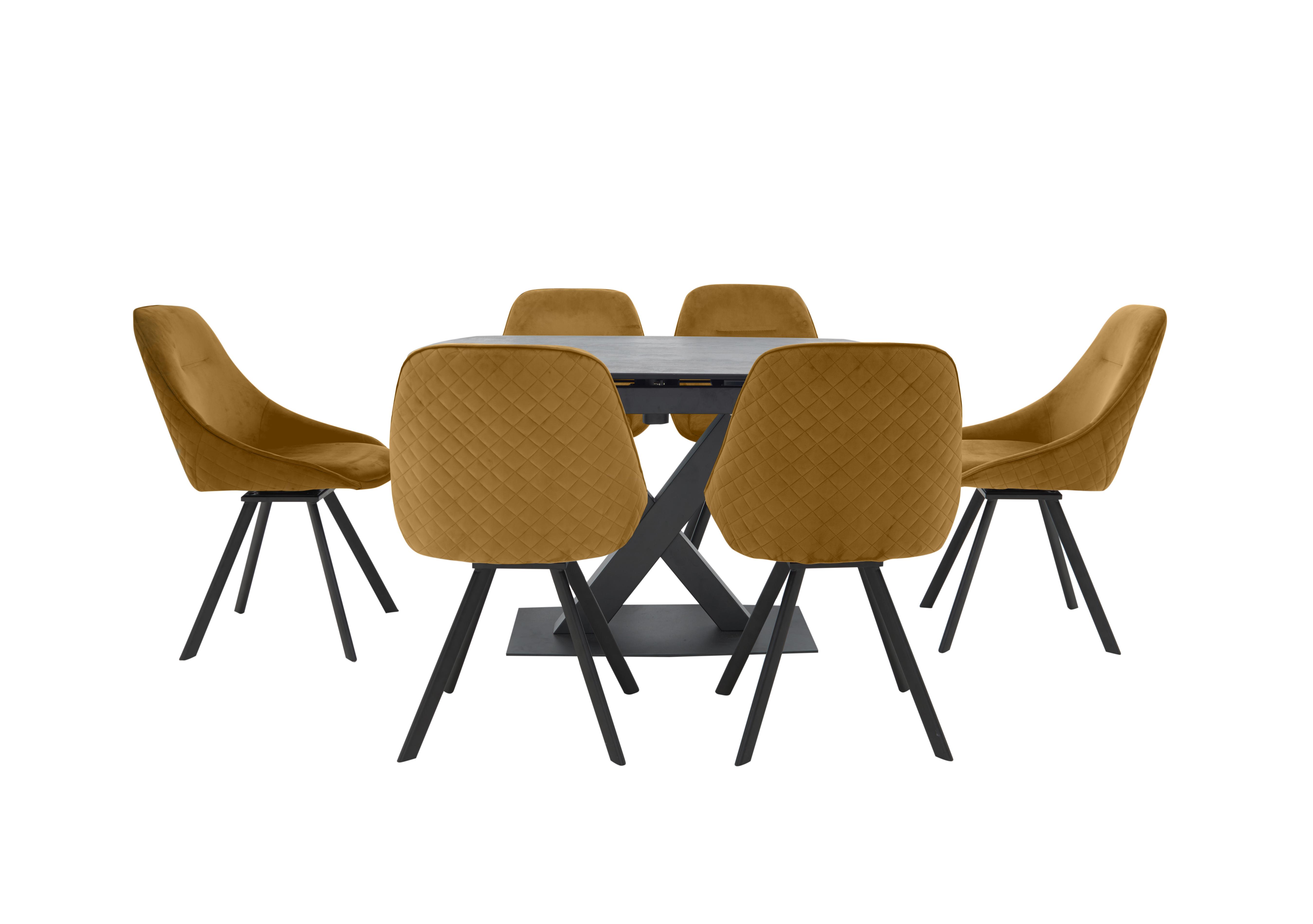 Arctic Extending Dining Table with Graphite Top and 6 Swivel Chairs in Mustard Velvet Chairs on Furniture Village