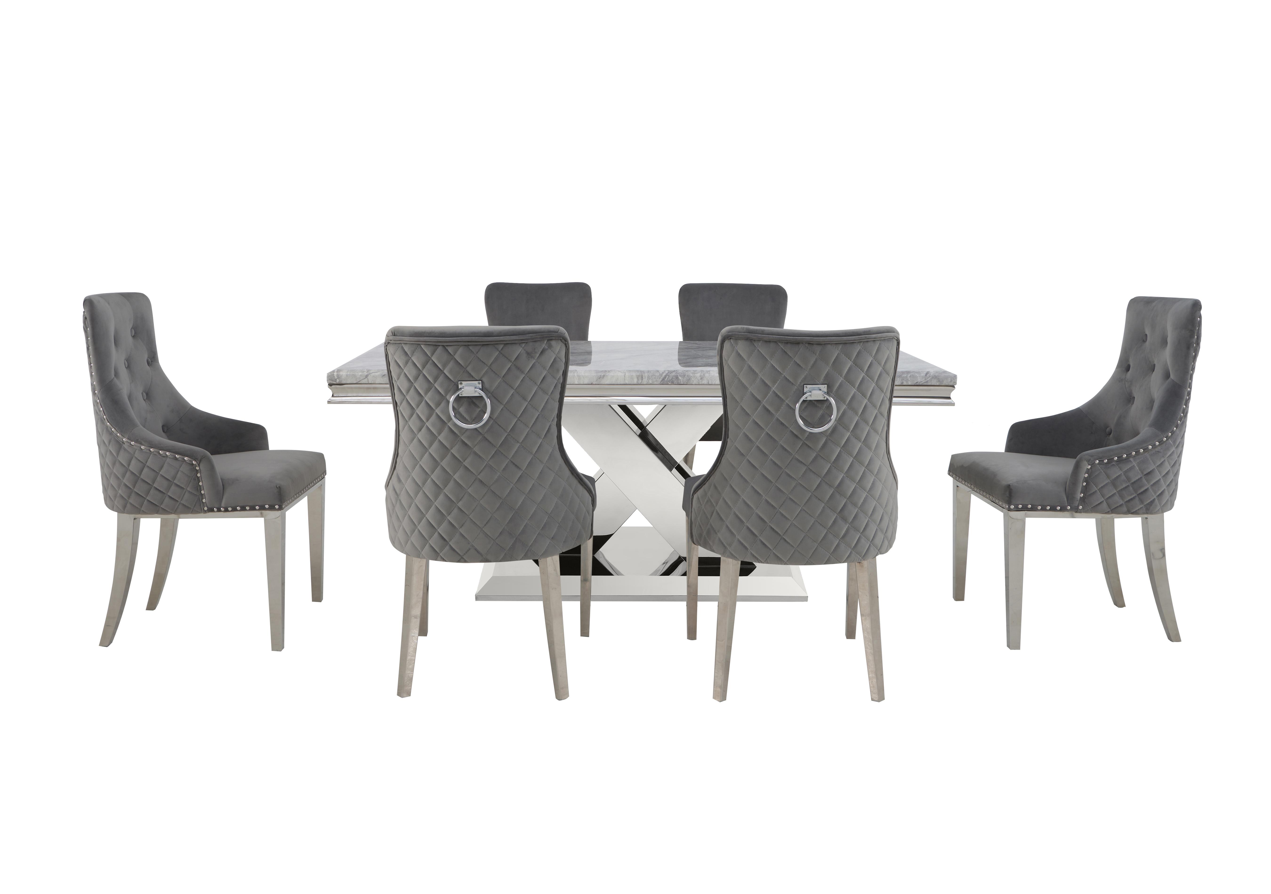 Dolce Large Dining Table, 4 Side Chairs and 2 Button Back Dining Chairs in Silver on Furniture Village