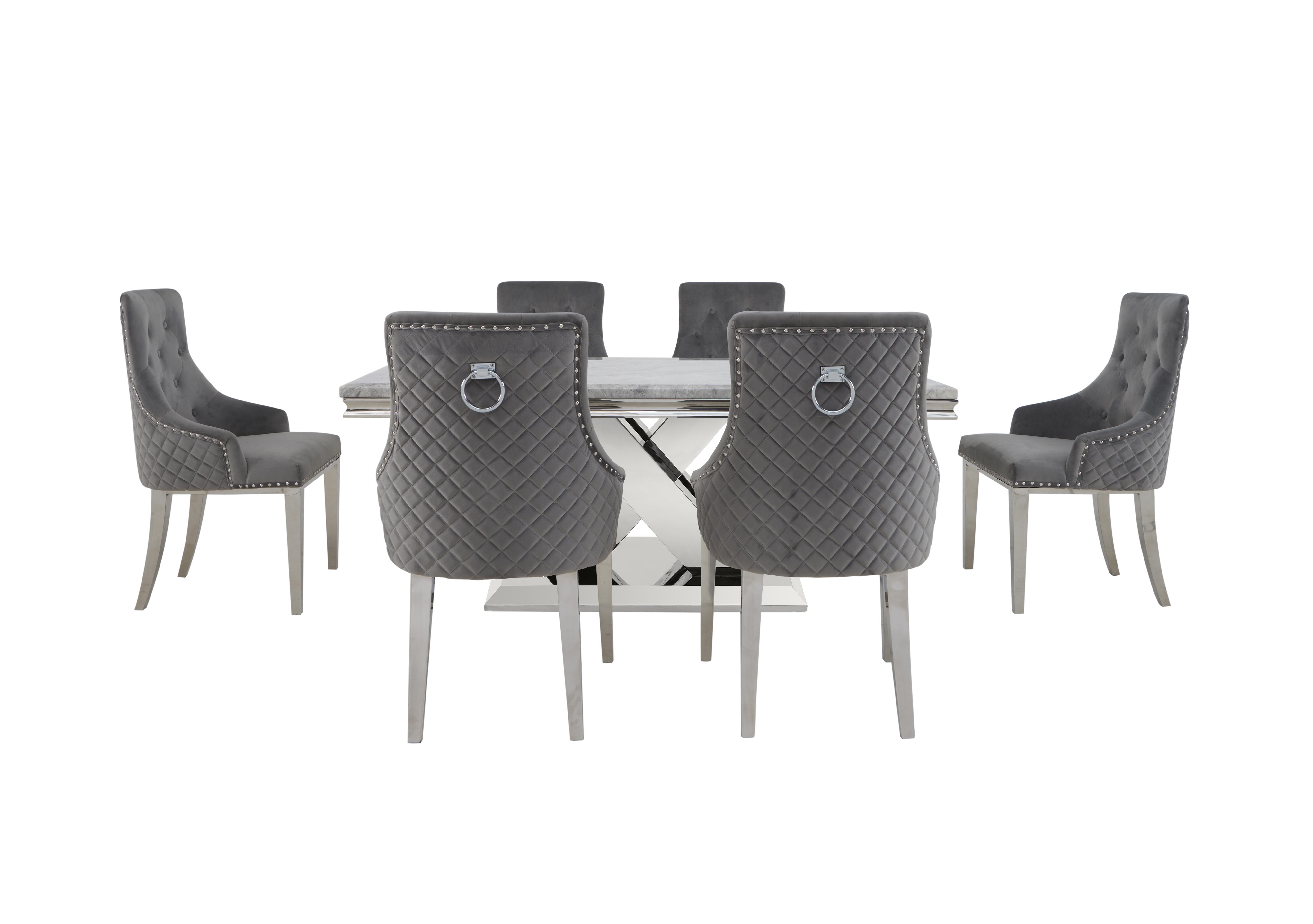 Dolce Large Dining Table and 6 Button Back Dining Chairs in Silver on Furniture Village