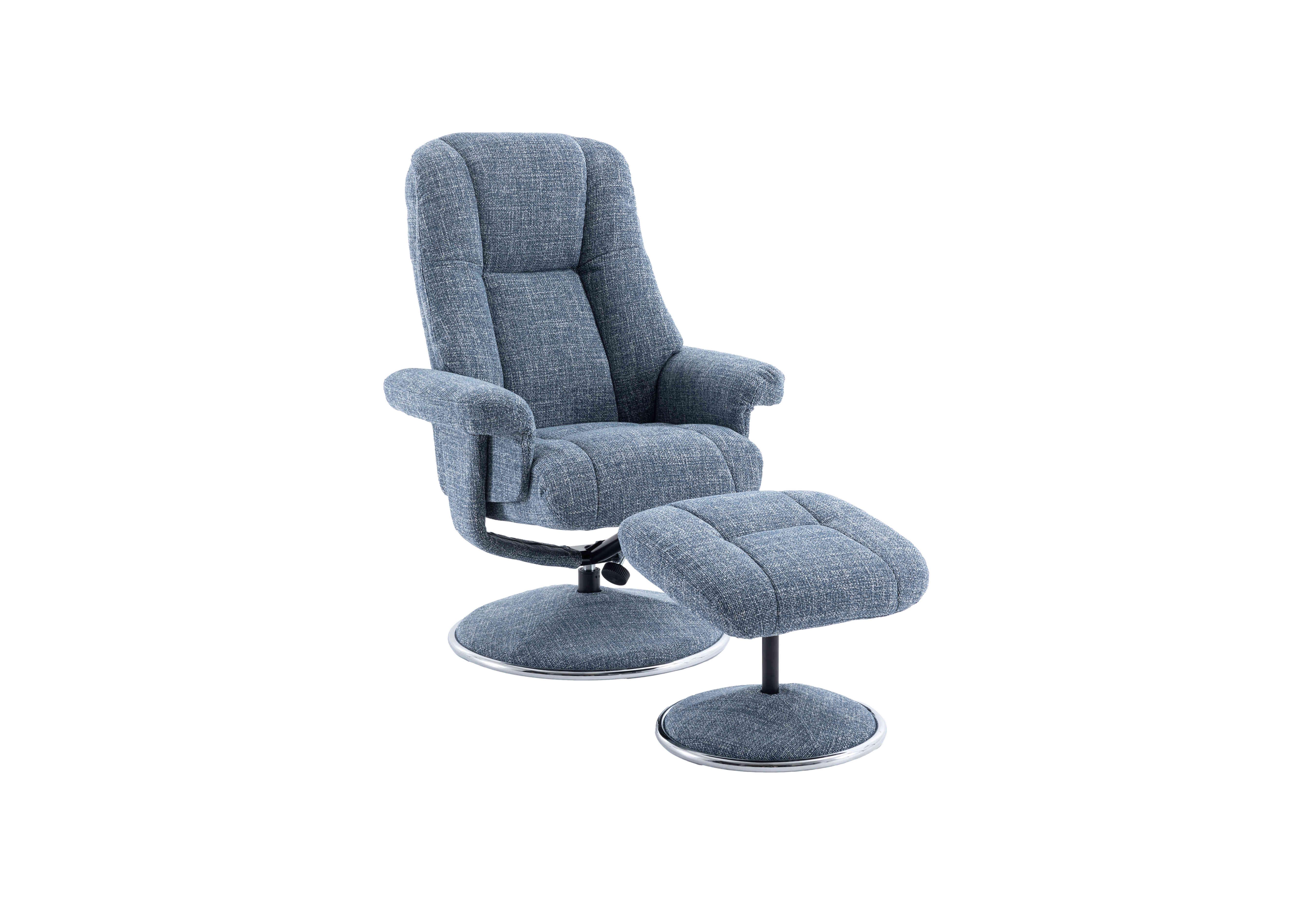 Troyes Fabric High-Back 360 Swivel Chair and Footstool in Chacha Ocean on Furniture Village
