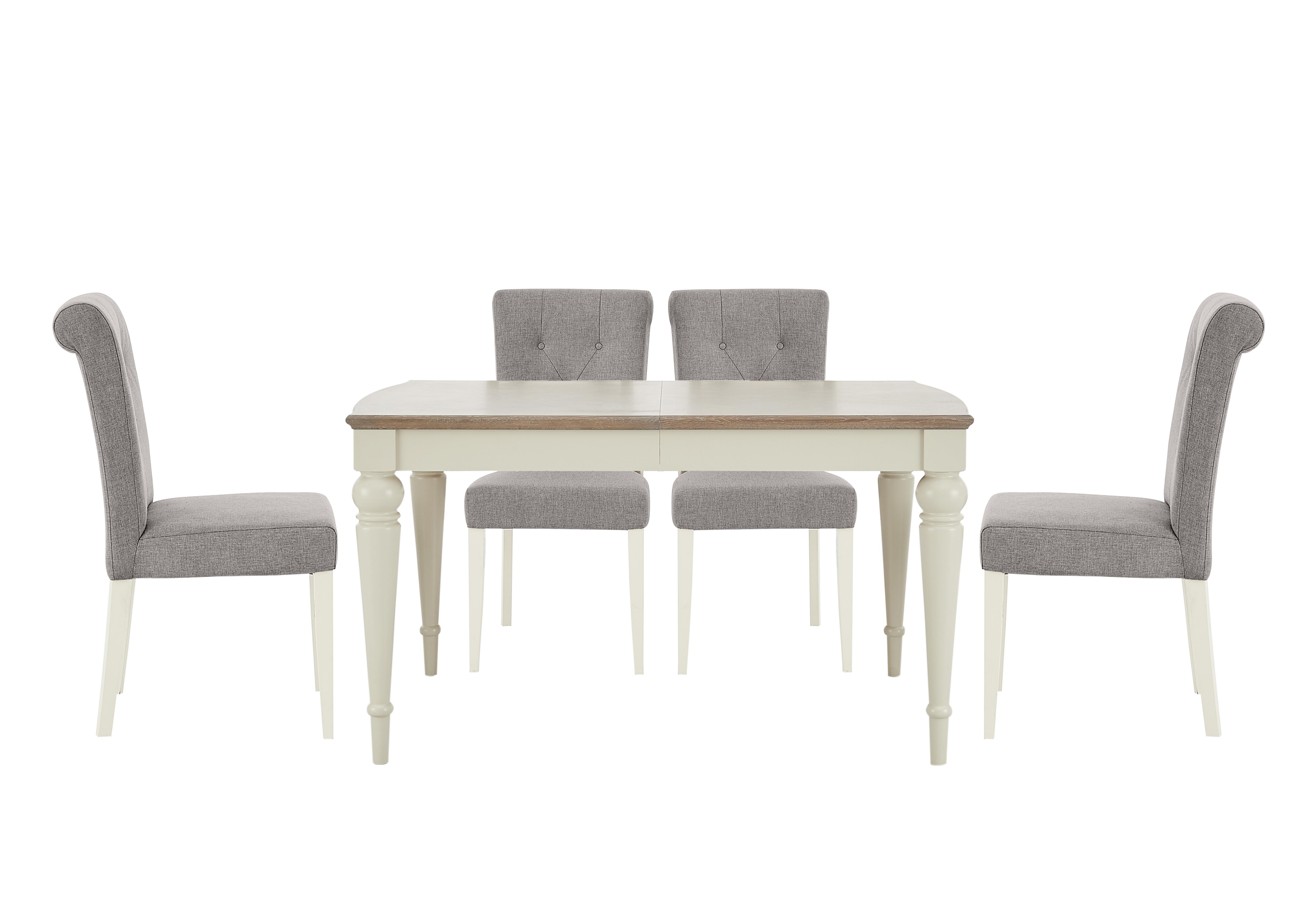 Annecy Extending Dining Table and 4 Upholstered Fabric Roll Back Chairs in Soft Grey on Furniture Village