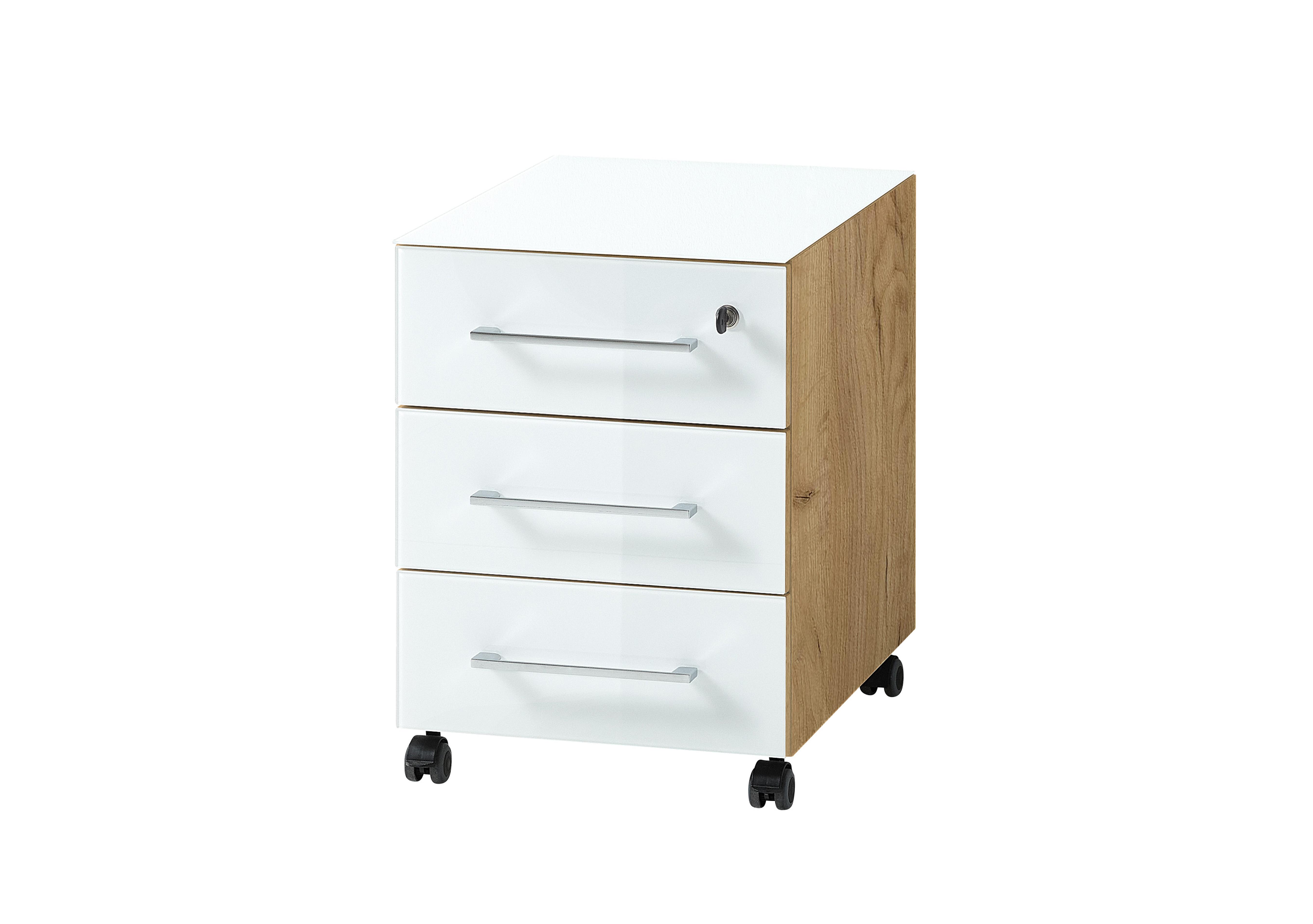 Alexi Rolling Pedestal Unit in 242 Oak And White Glass on Furniture Village