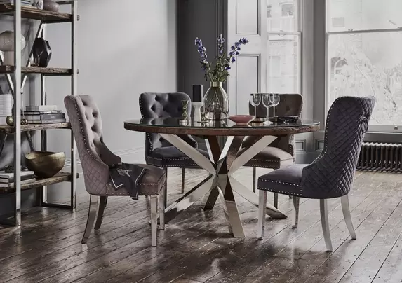 Chennai Round Table and 4 Quilted Chairs Dining Set Furniture Village