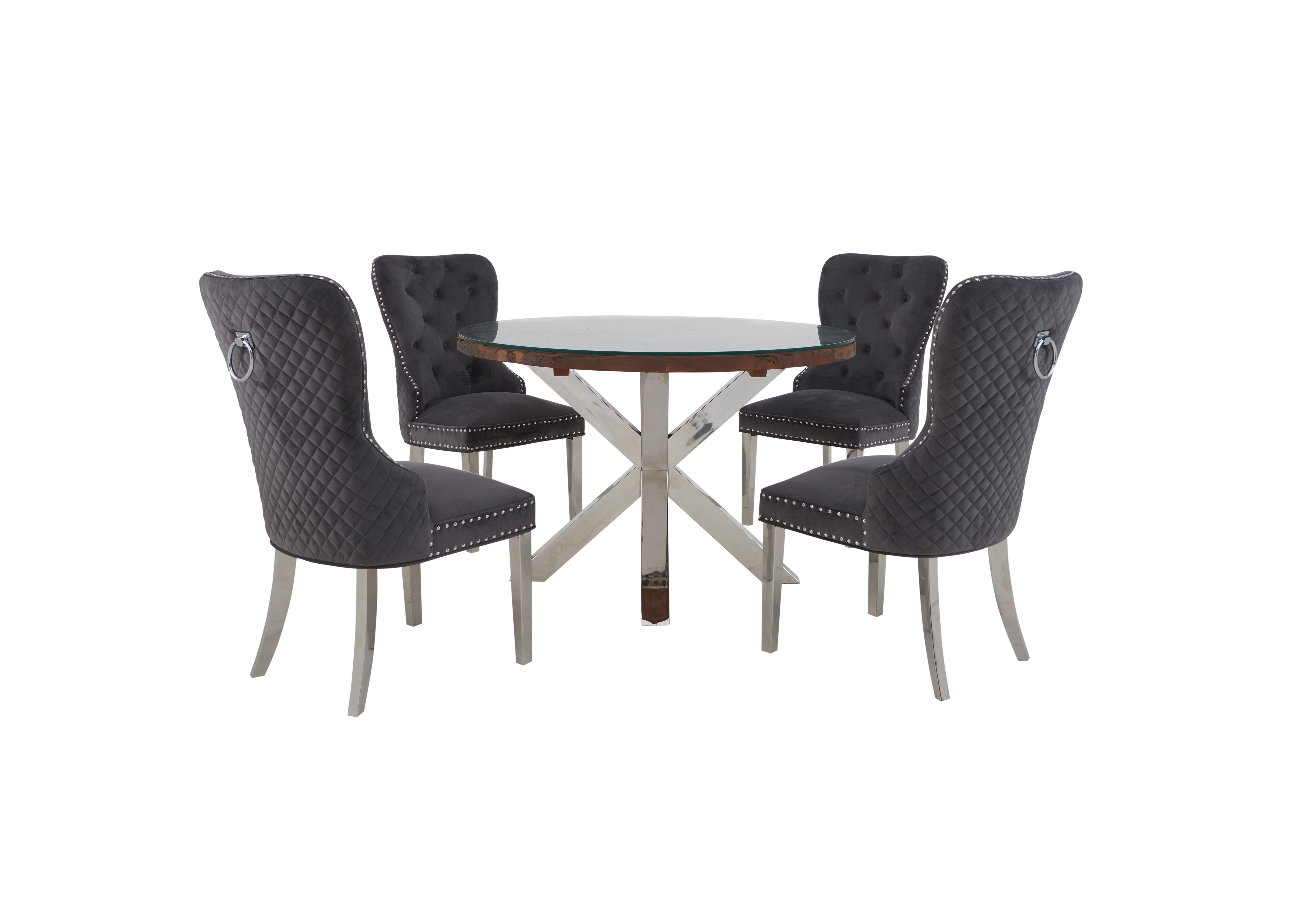 Chennai Round Table and 4 Quilted Chairs Dining Set in Grey Chairs on Furniture Village