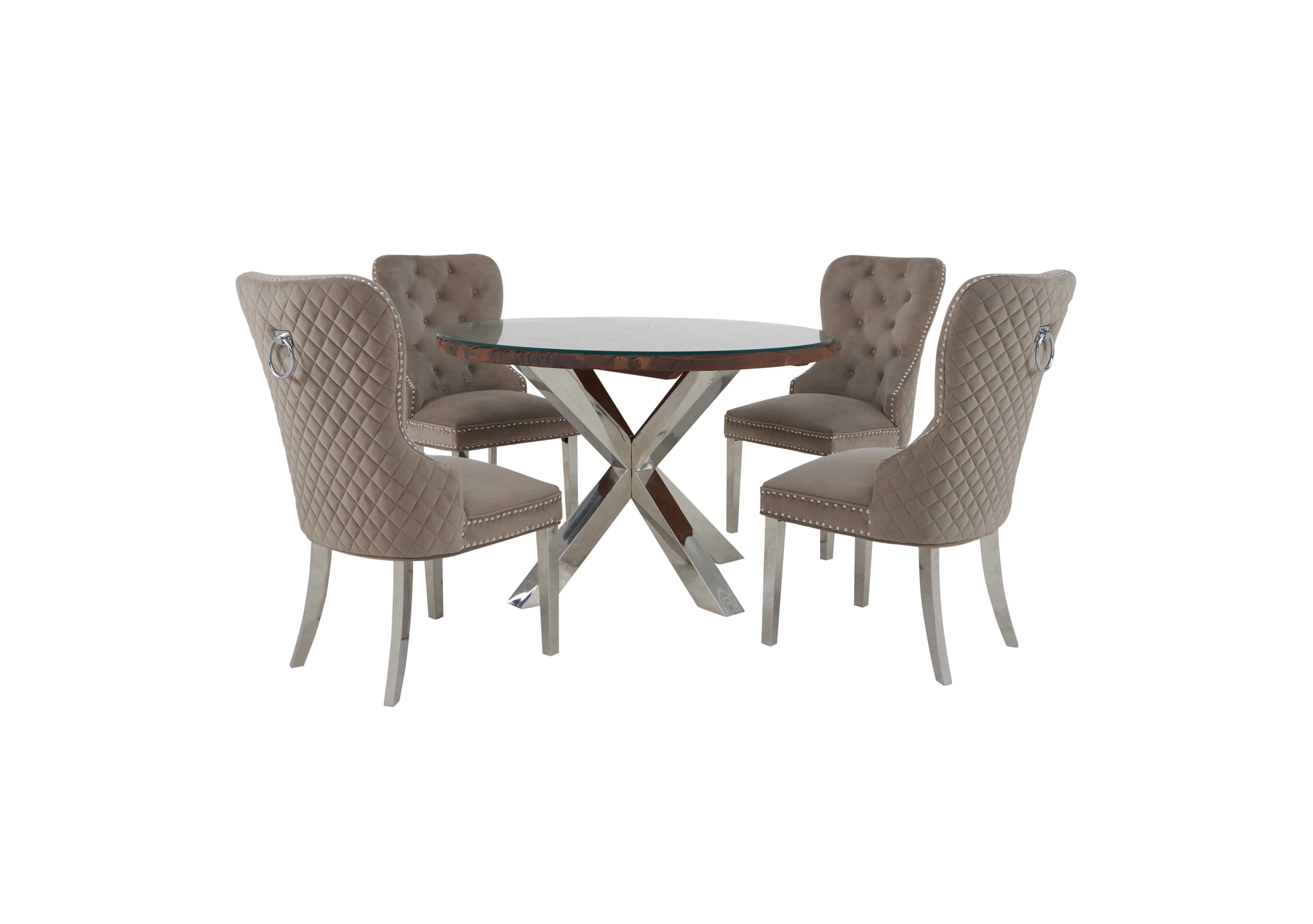 Chennai Round Table and 4 Quilted Chairs Dining Set in Taupe Chairs on Furniture Village