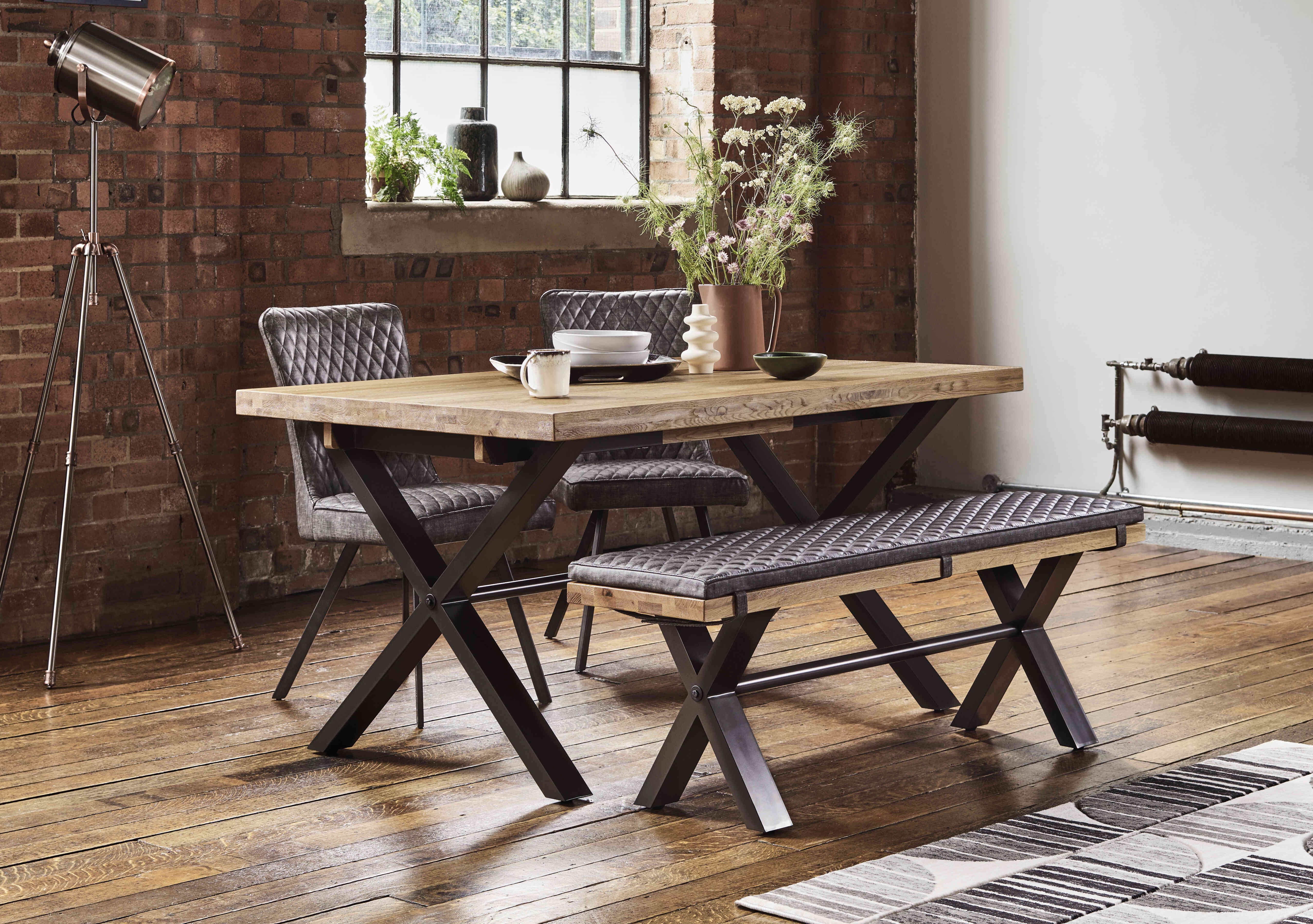 Earth Small Straight Edge Dining Table with Small Dining Bench and 2 Dining Chairs in  on Furniture Village