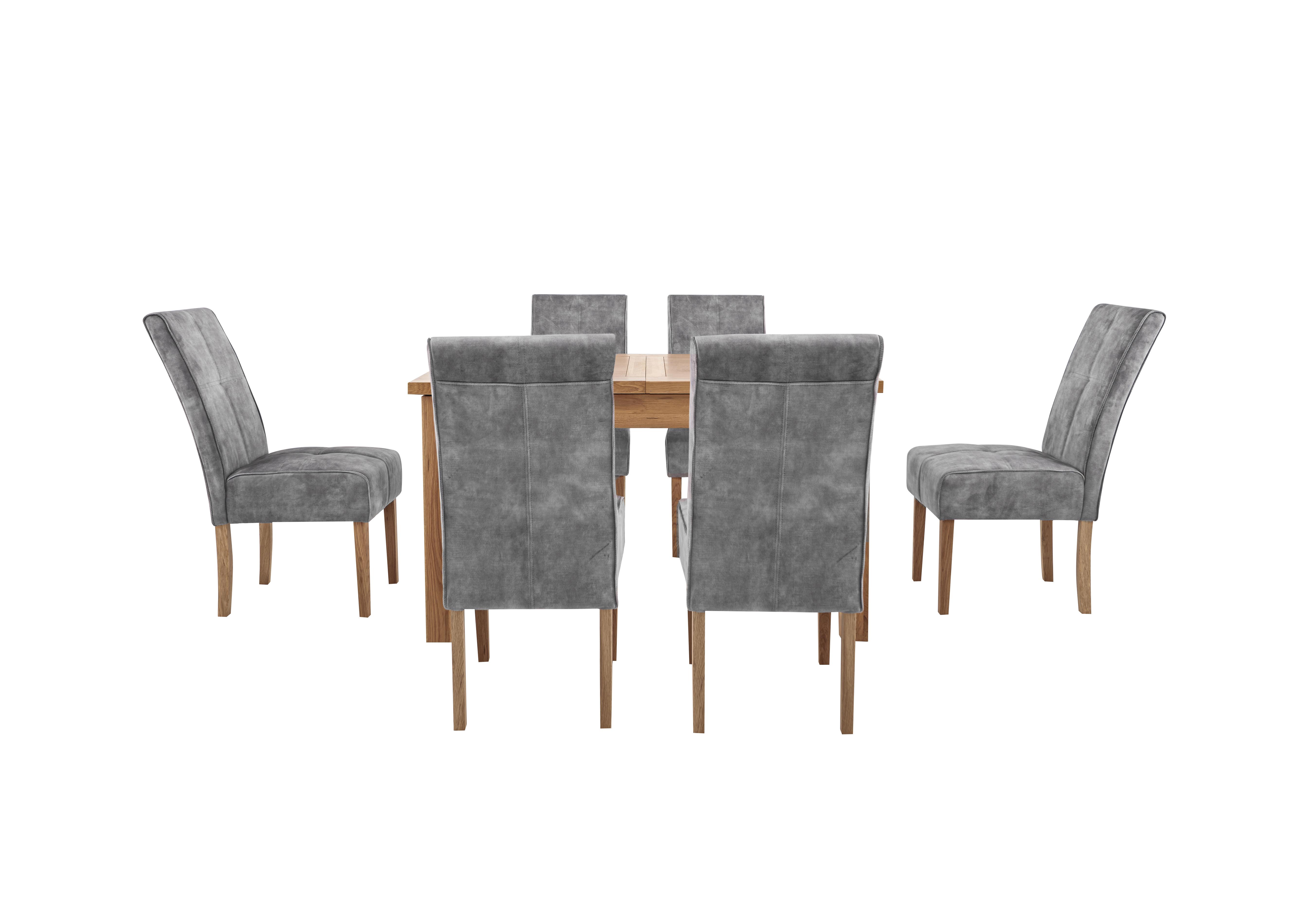 California Solid Oak Rectangular Extending Table and 6 Velvet Fabric Dining Chairs in Silver on Furniture Village