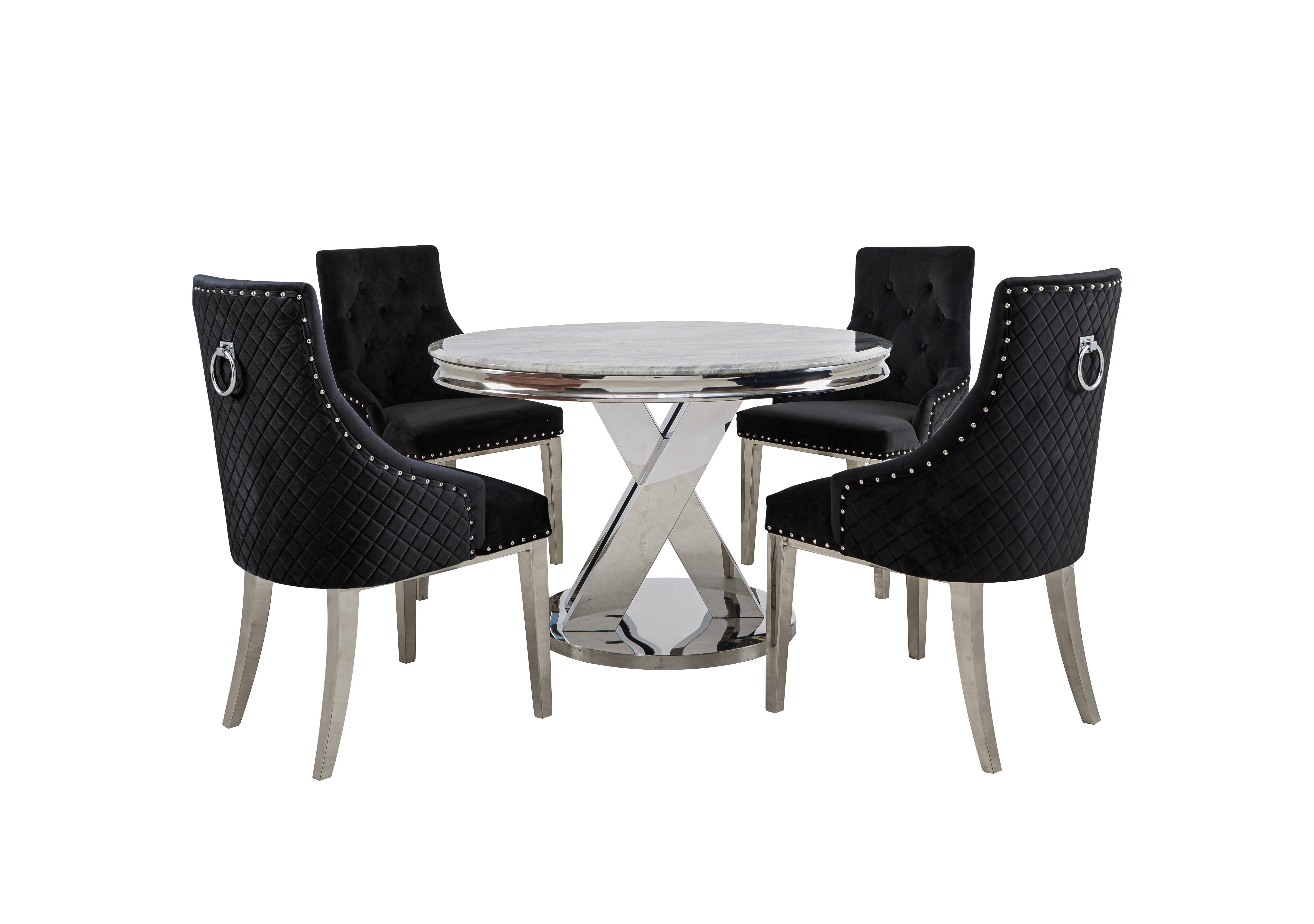 Dolce Round Dining Table and 4 Button Back Dining Chairs in Black on Furniture Village
