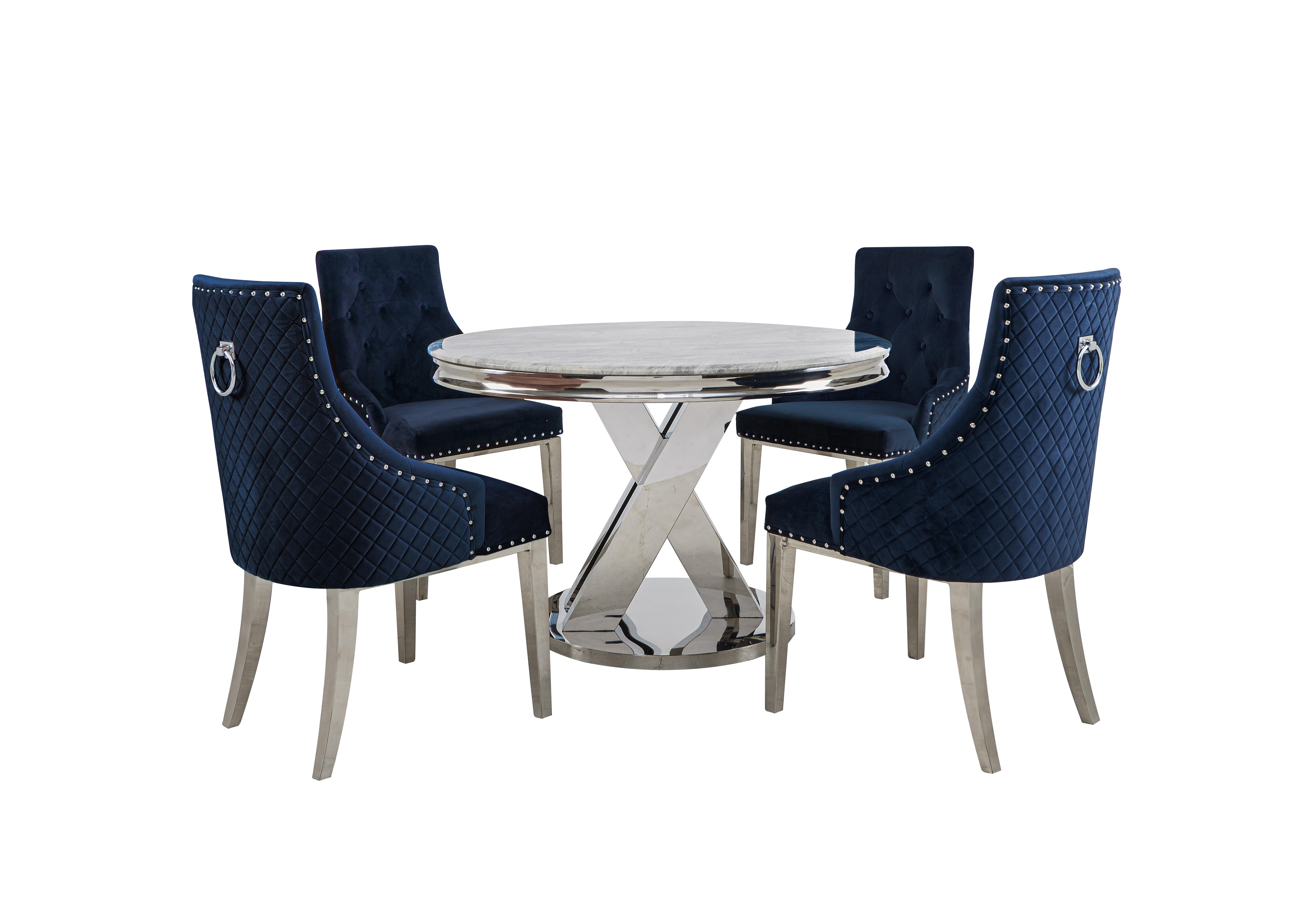 Dolce Round Dining Table and 4 Button Back Dining Chairs in Navy on Furniture Village