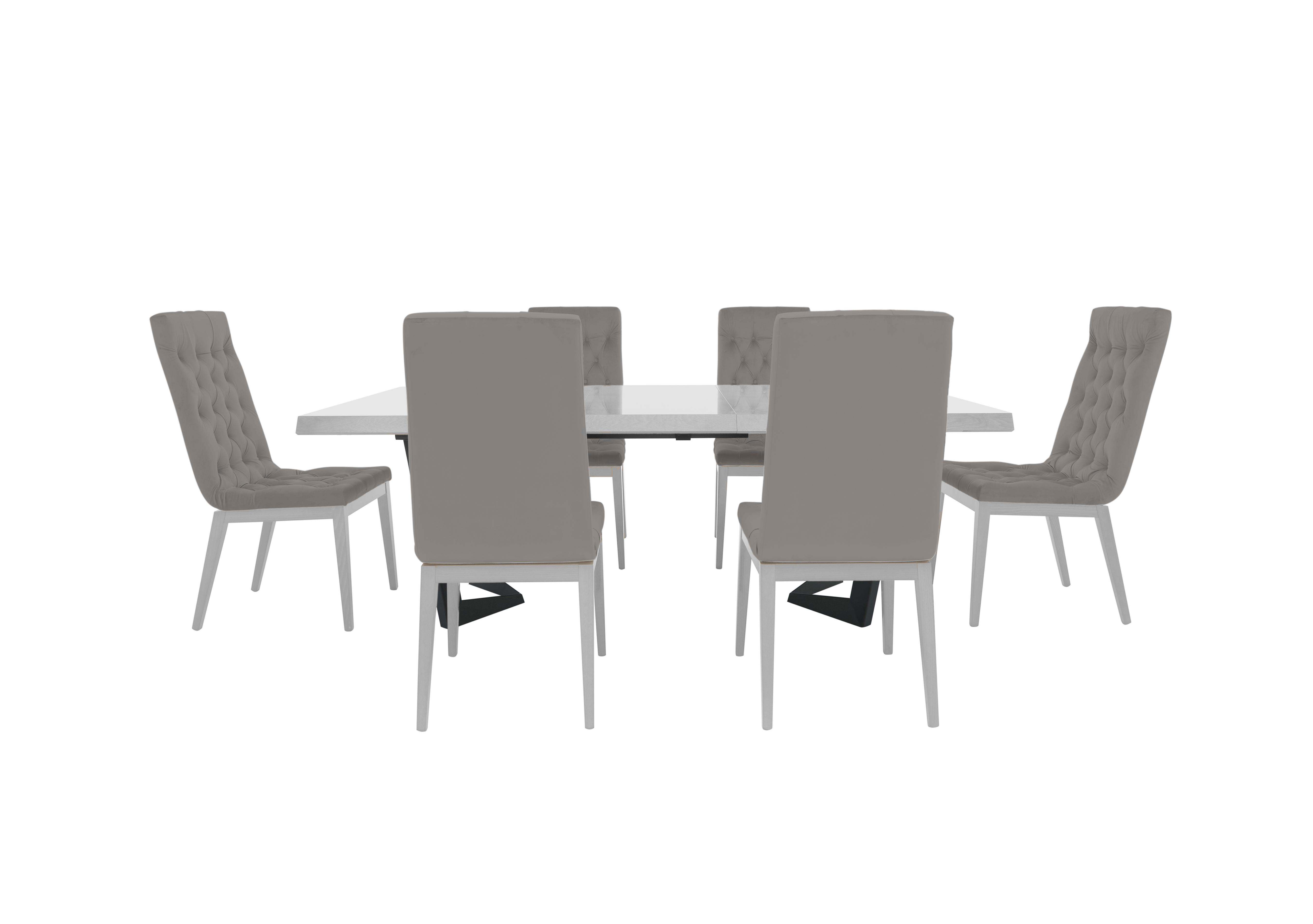 Palazzo 200cm Extending Dining Table in Glossy White with 6 Capitonne Buttoned Dining Chairs in 374 Scarlet 05 Silver on Furniture Village