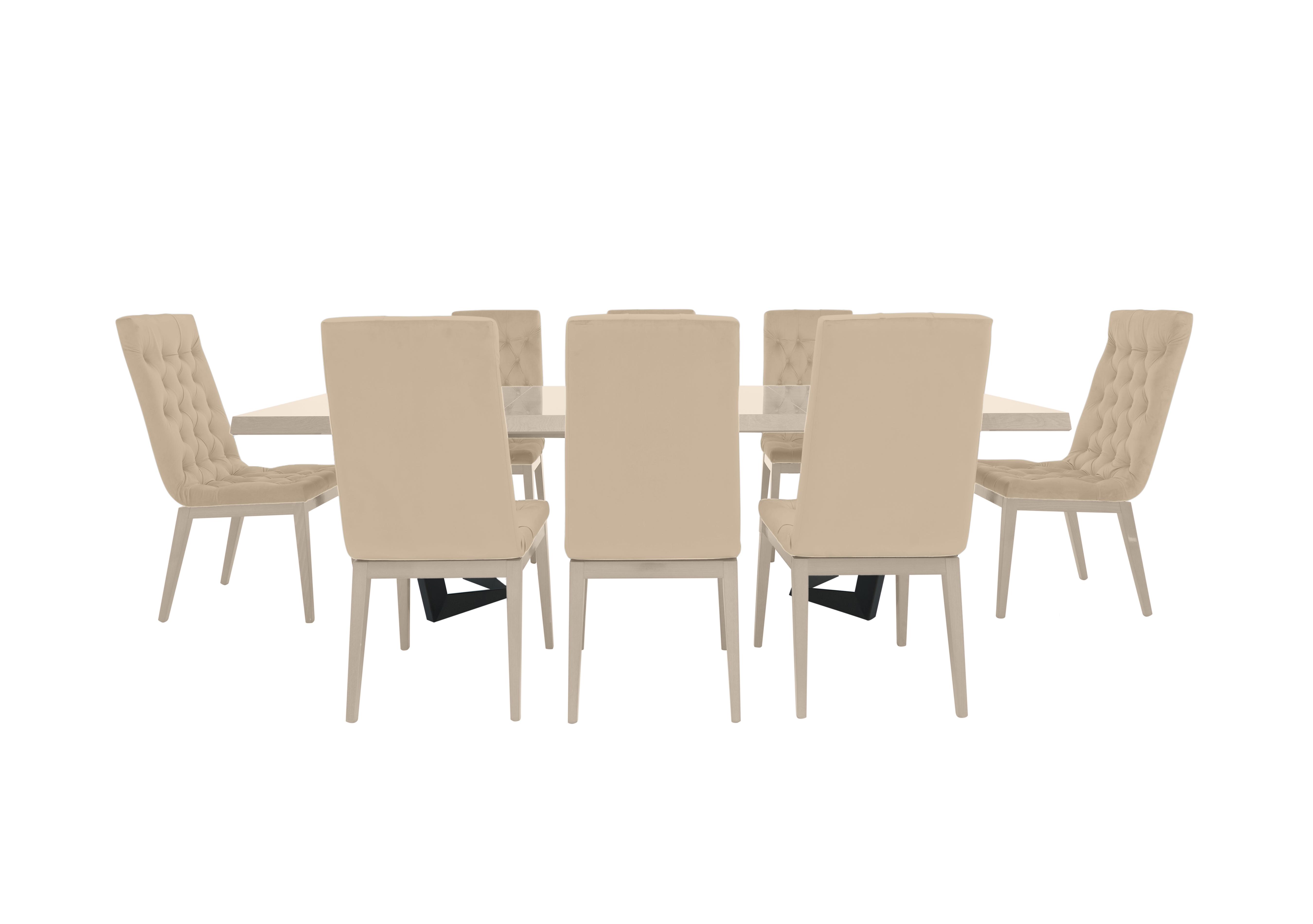 Palazzo 200cm Extending Dining Table in Sand Birch with 8 Capitonne Buttoned Dining Chairs in Aquos 128 03 Cream on Furniture Village