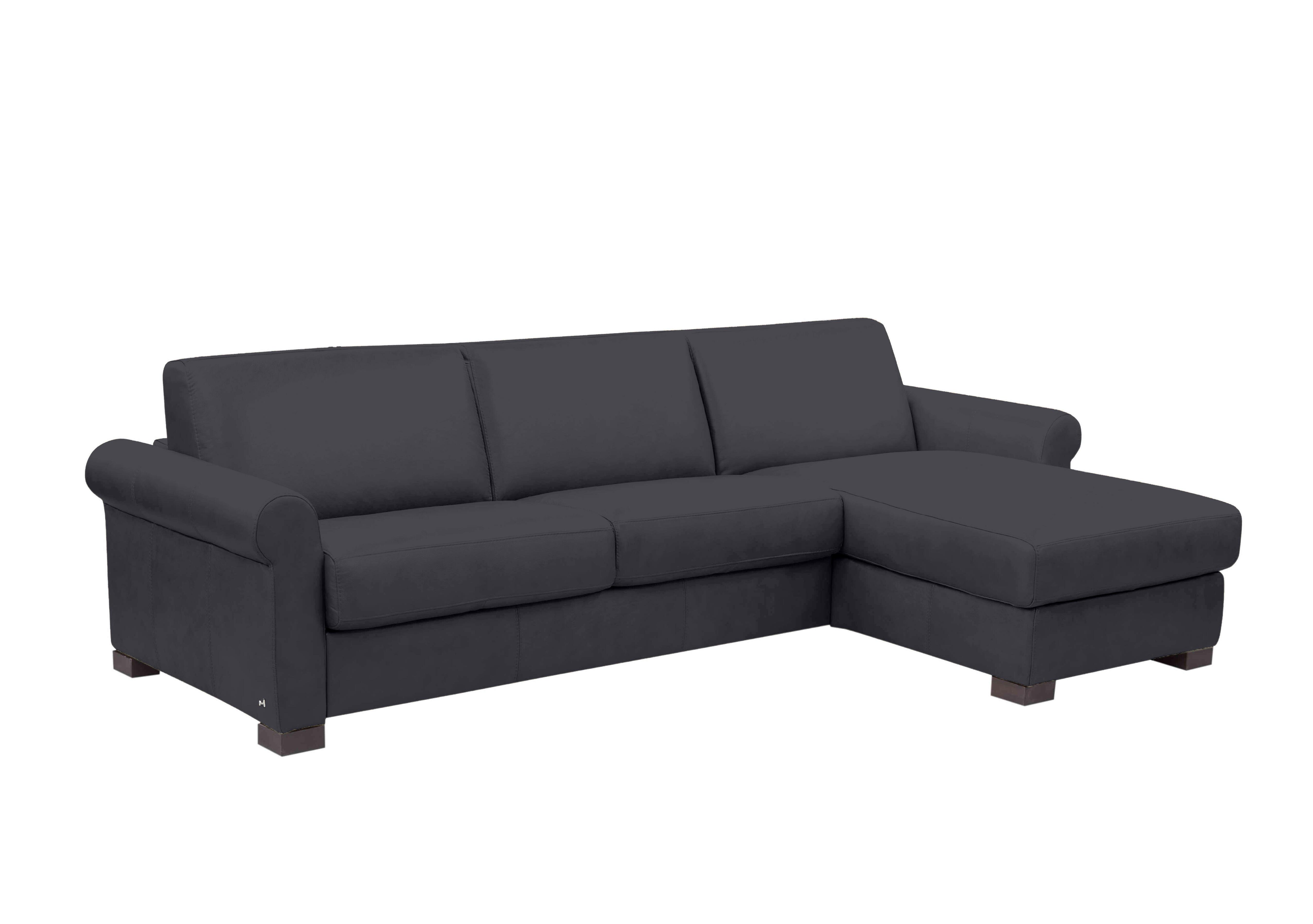 Alcova 3 Seater Leather Sofa Bed with Storage Chaise with Scroll Arms in Torello Blu 81 on Furniture Village