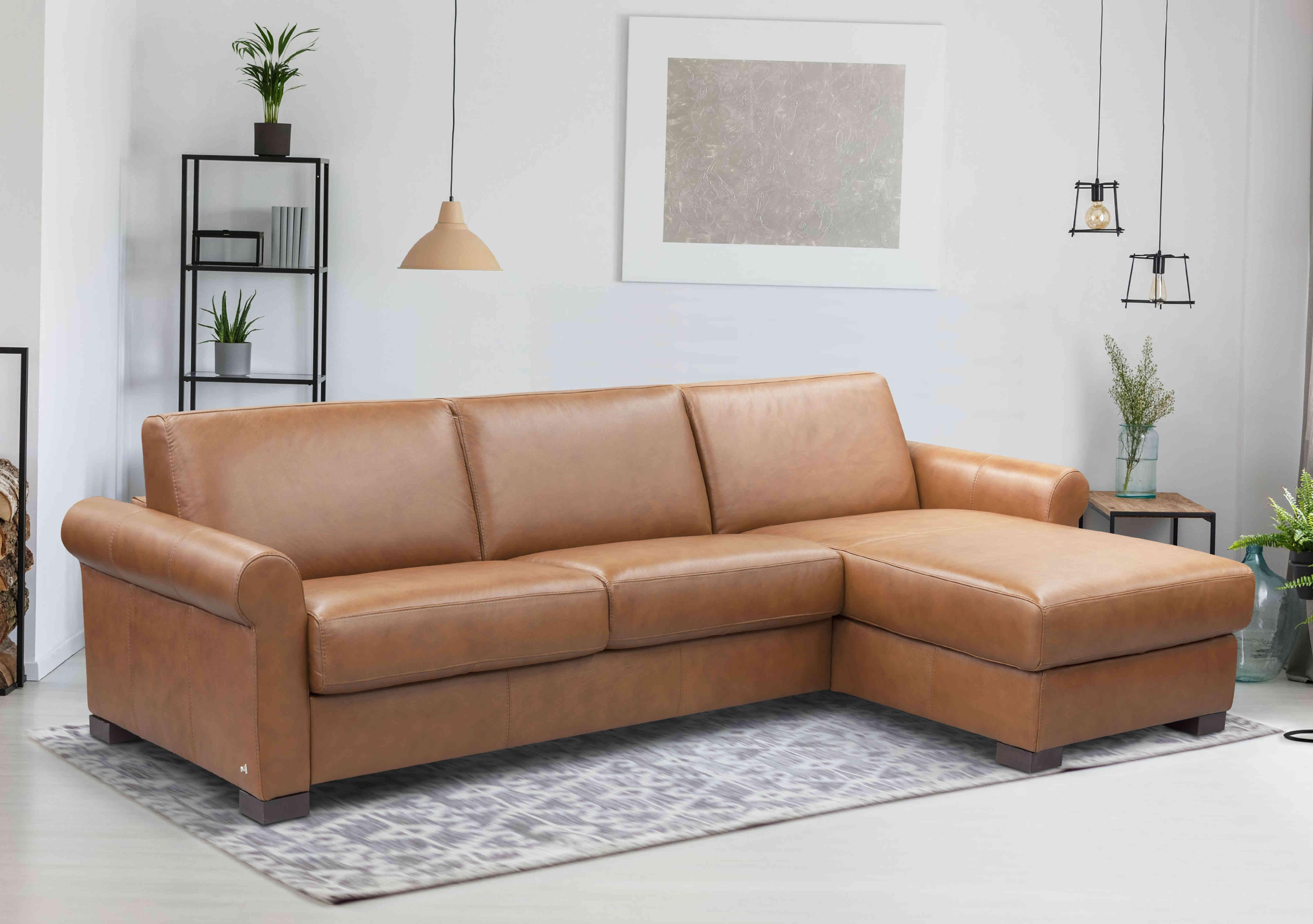 Alcova 3 Seater Leather Sofa Bed with Storage Chaise with Scroll Arms in  on Furniture Village