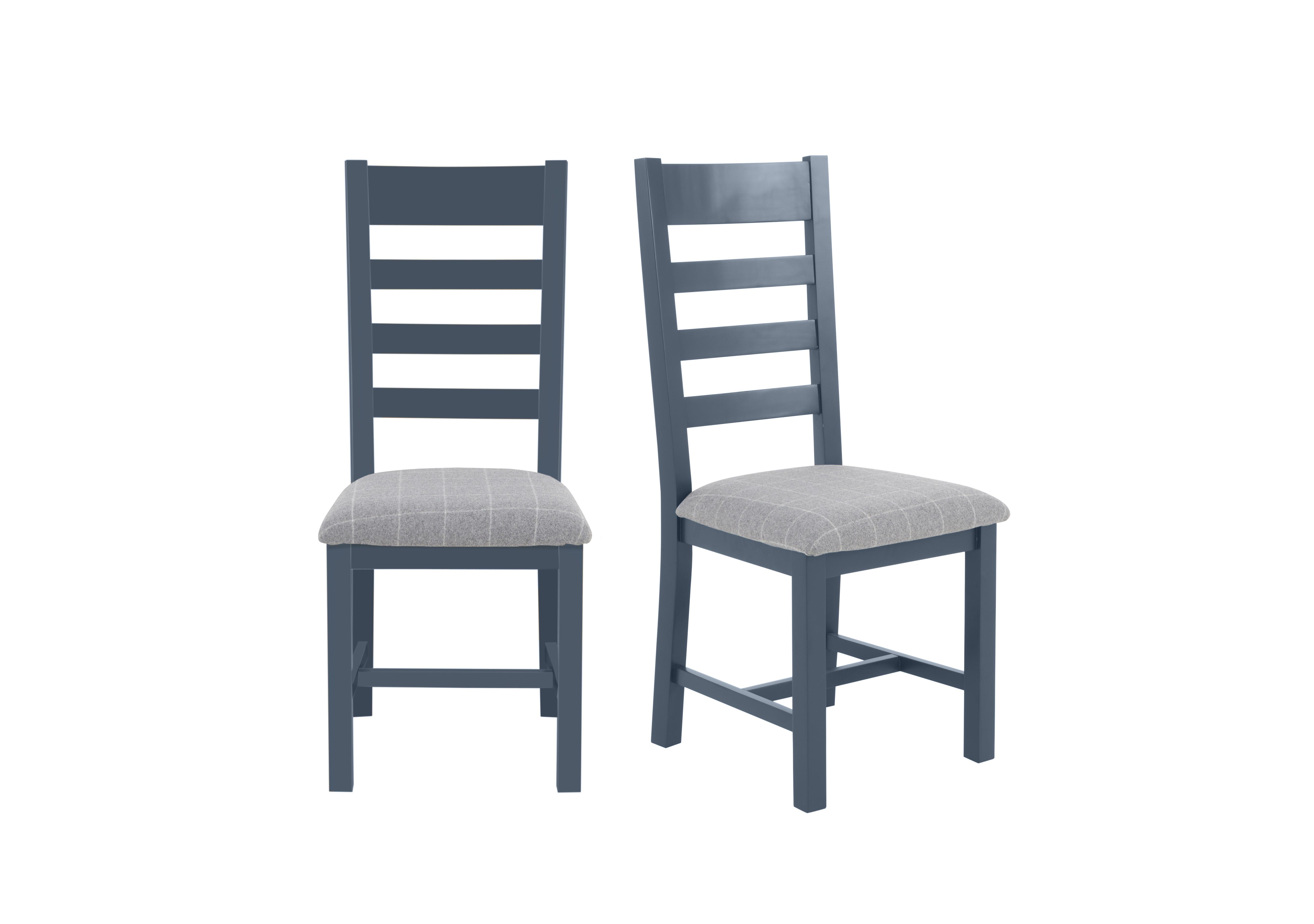 Hewitt Pair of Slatted Dining Chairs with Fabric Seats in Blue / Grey Check Wool on Furniture Village