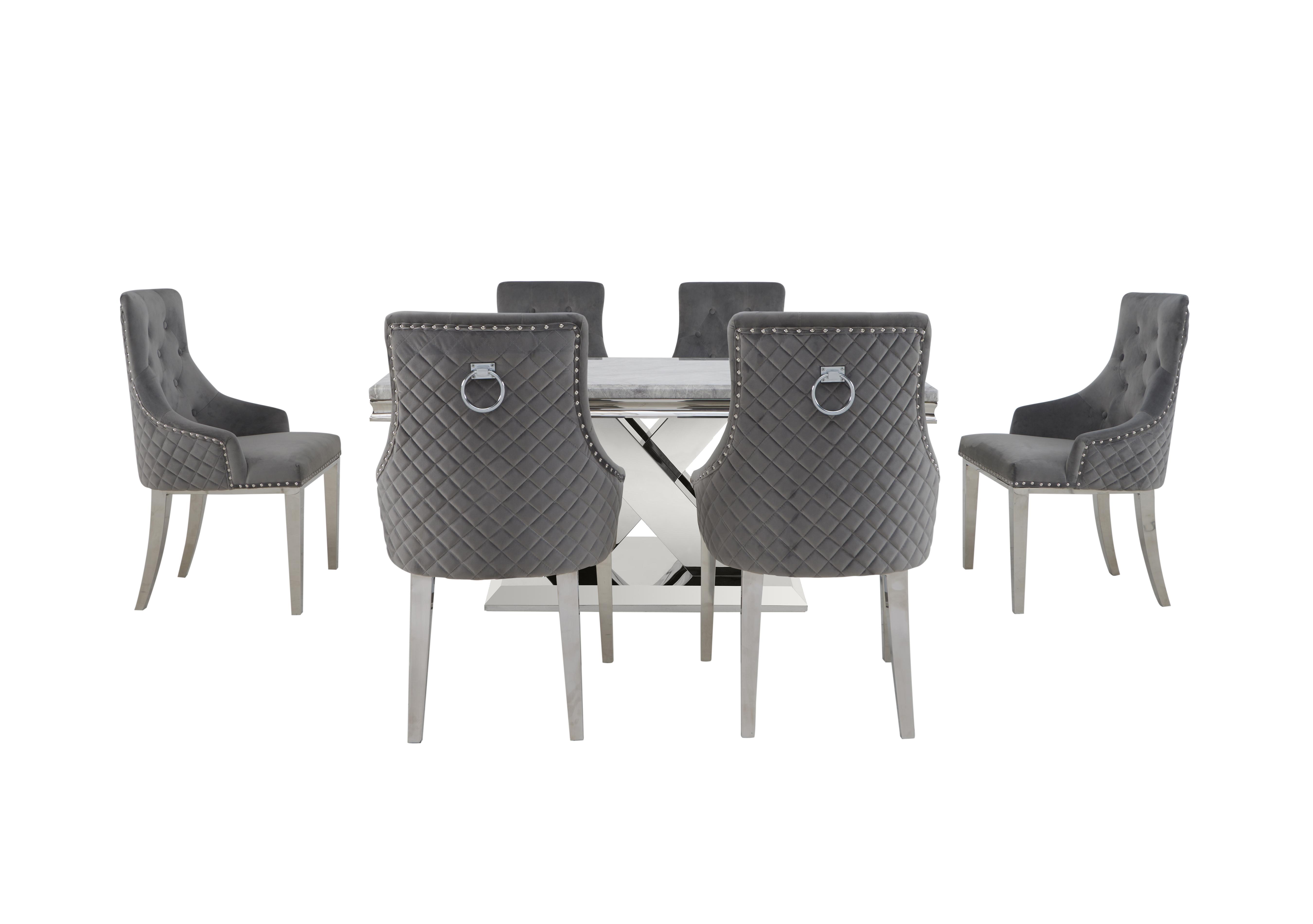 Dolce Small Dining Table and 6 Button Back Chairs in Silver on Furniture Village