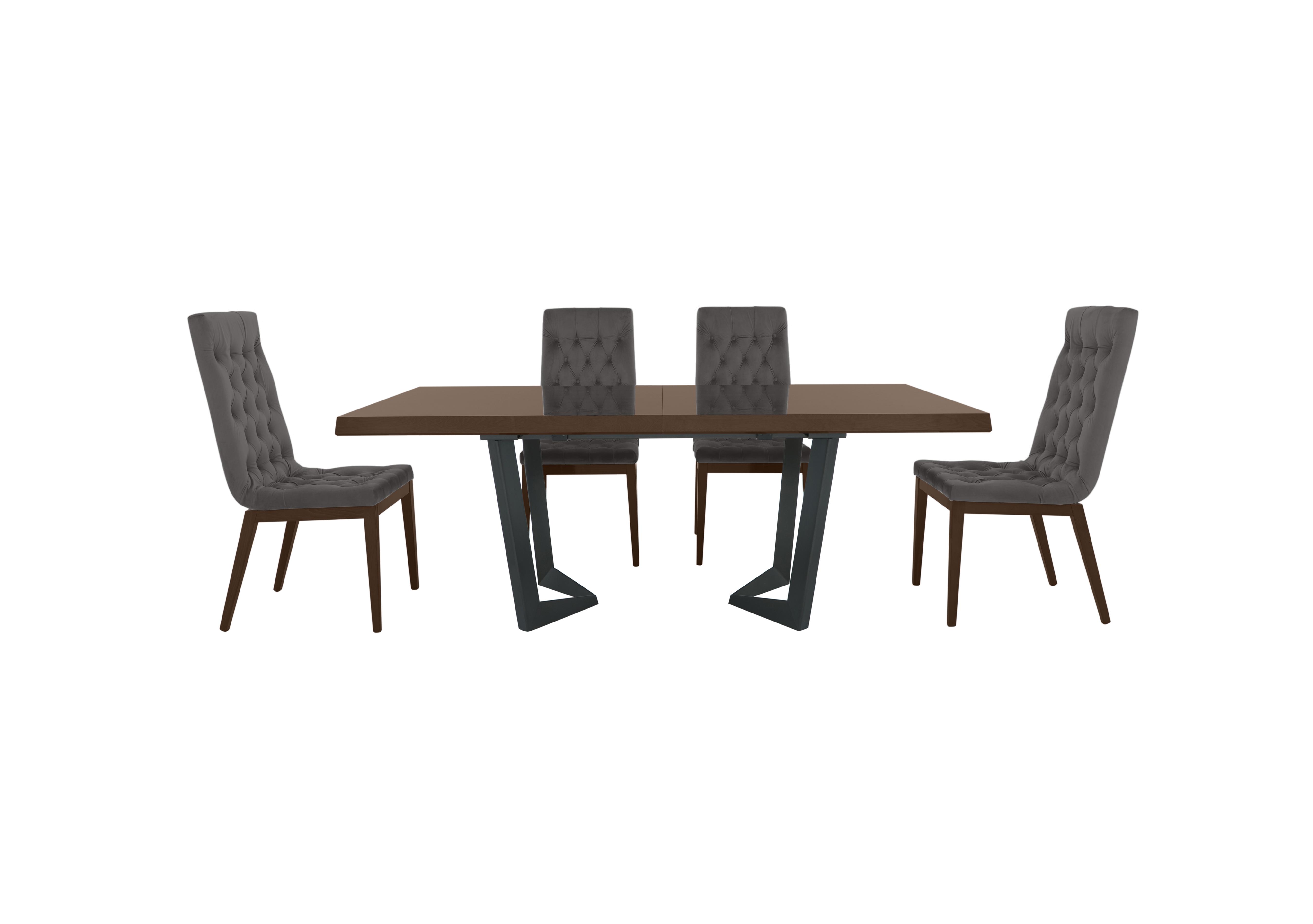Palazzo 200cm Extending Dining Table in Dark Walnut with 4 Capitonne Buttoned Dining Chairs in Aquos 126 32 Dark Grey on Furniture Village