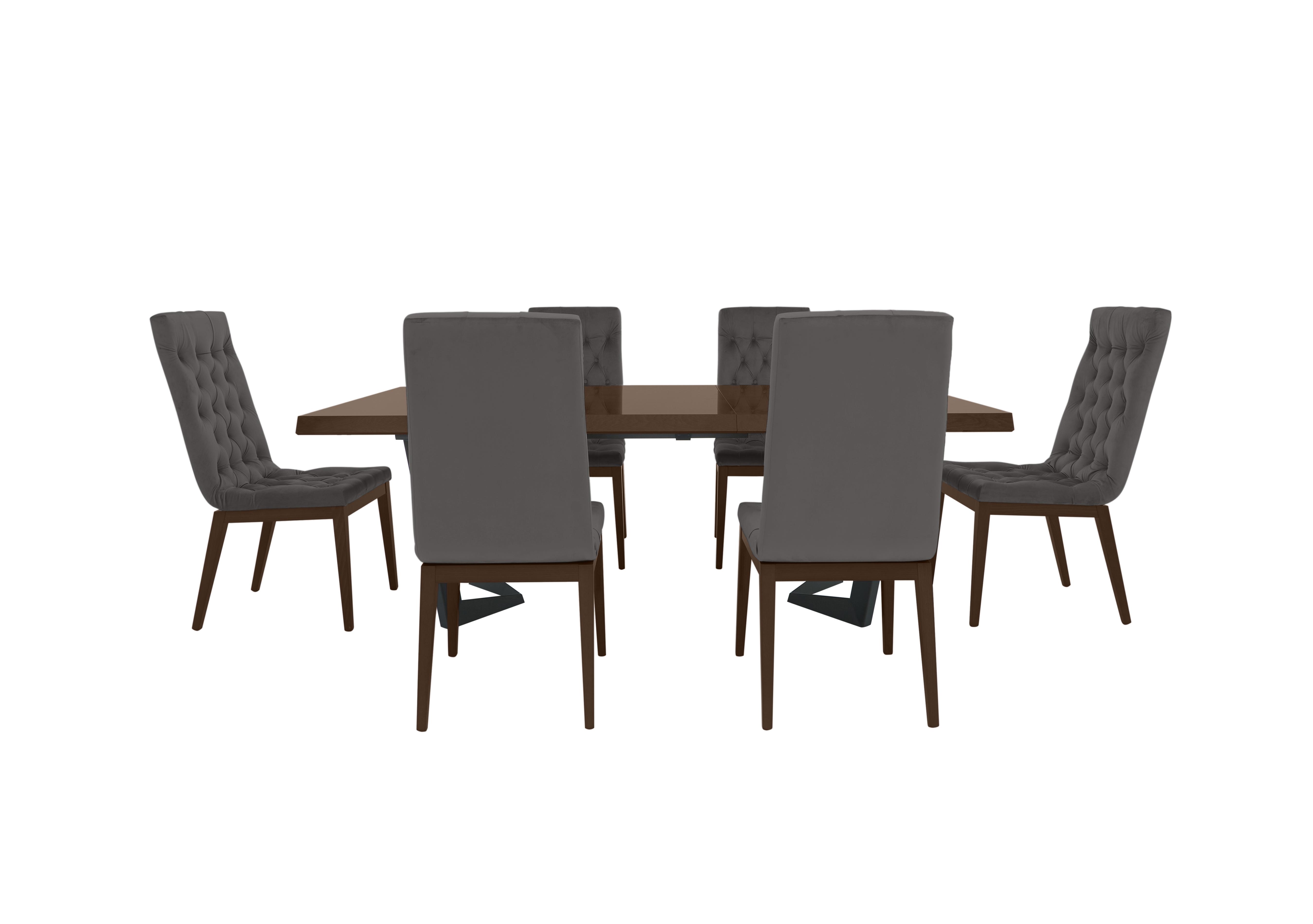 Palazzo 200cm Extending Dining Table in Dark Walnut with 6 Capitonne Buttoned Dining Chairs in Aquos 126 32 Dark Grey on Furniture Village