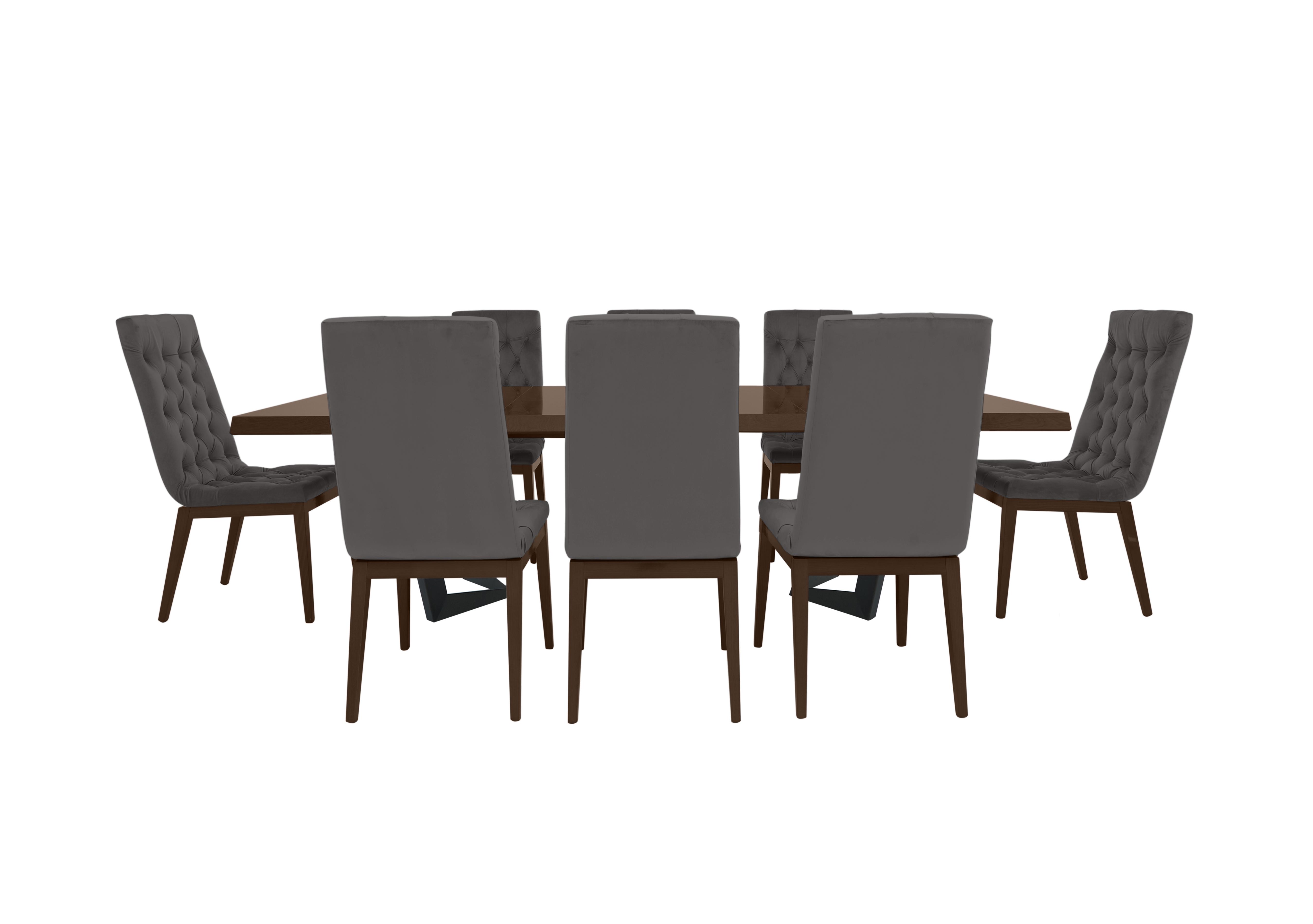 Palazzo 200cm Extending Dining Table in Dark Walnut with 8 Capitonne Buttoned Dining Chairs in Aquos 126 32 Dark Grey on Furniture Village