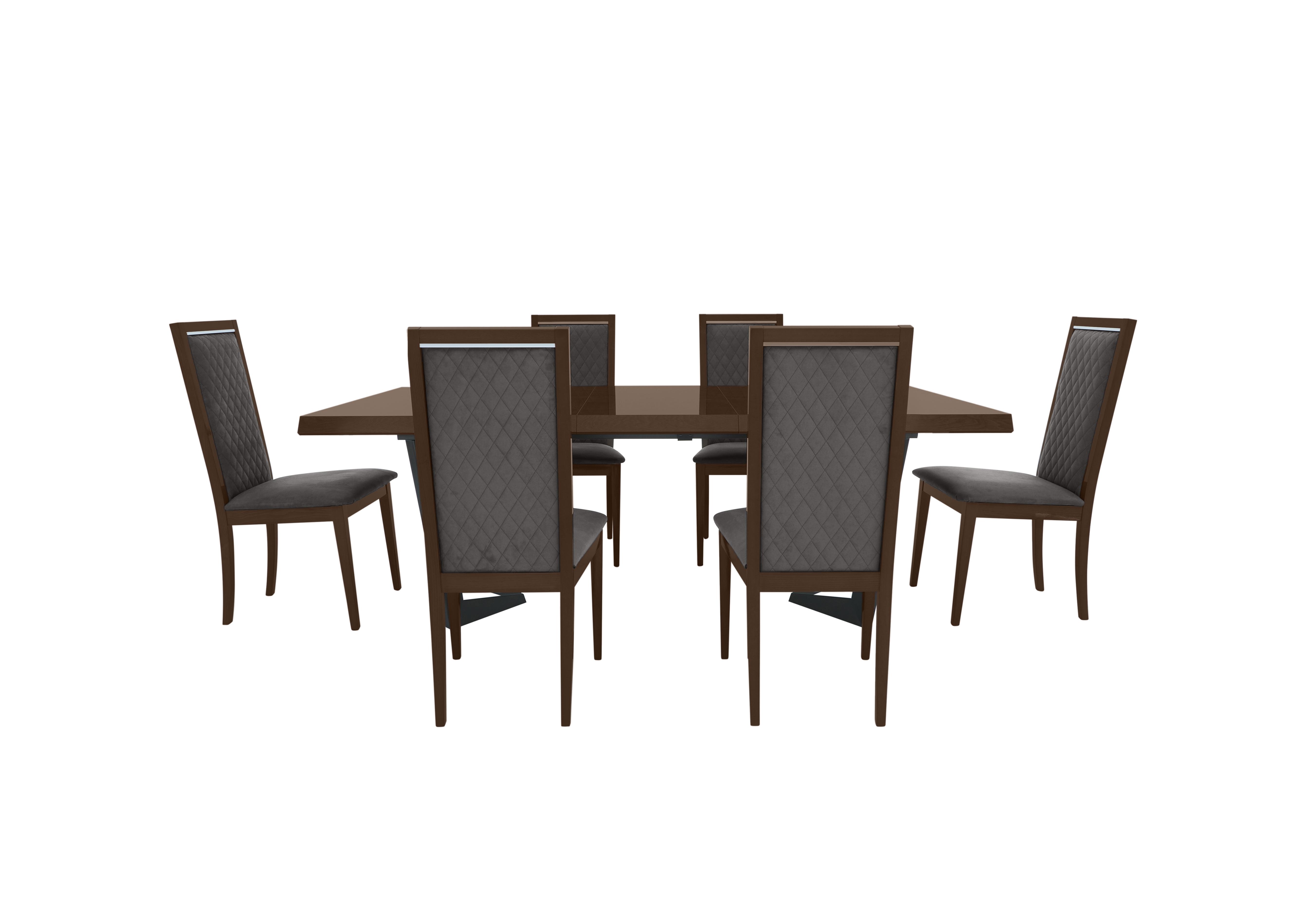 Palazzo 160cm Extending Dining Table in Dark Walnut with 6 Rombi Dining Chairs in Aquos 127 32 Dark Grey on Furniture Village