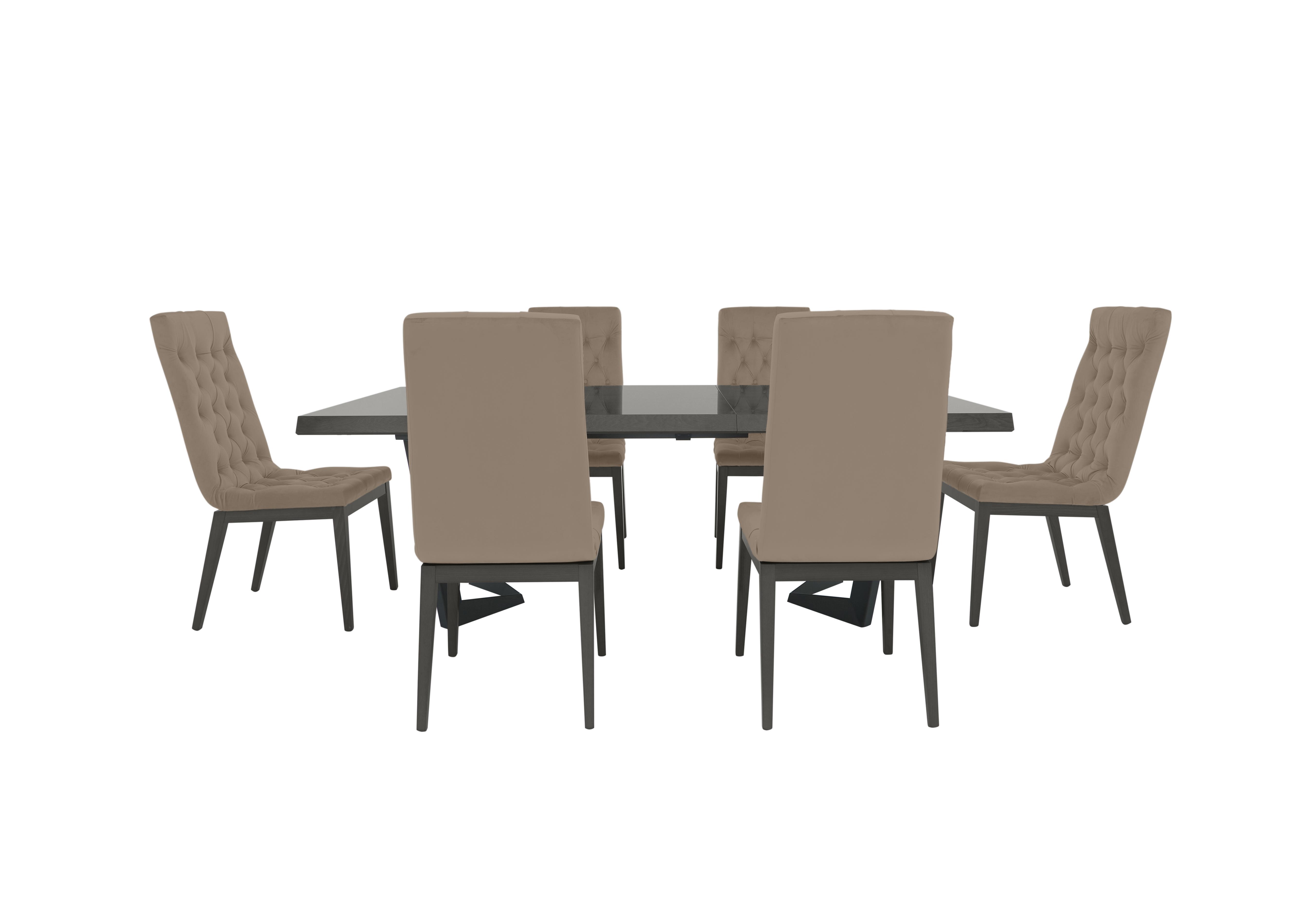 Palazzo 200cm Extending Dining Table in Silver Birch with 6 Capitonne Buttoned Dining Chairs in Aquos 124 08 Taupe on Furniture Village