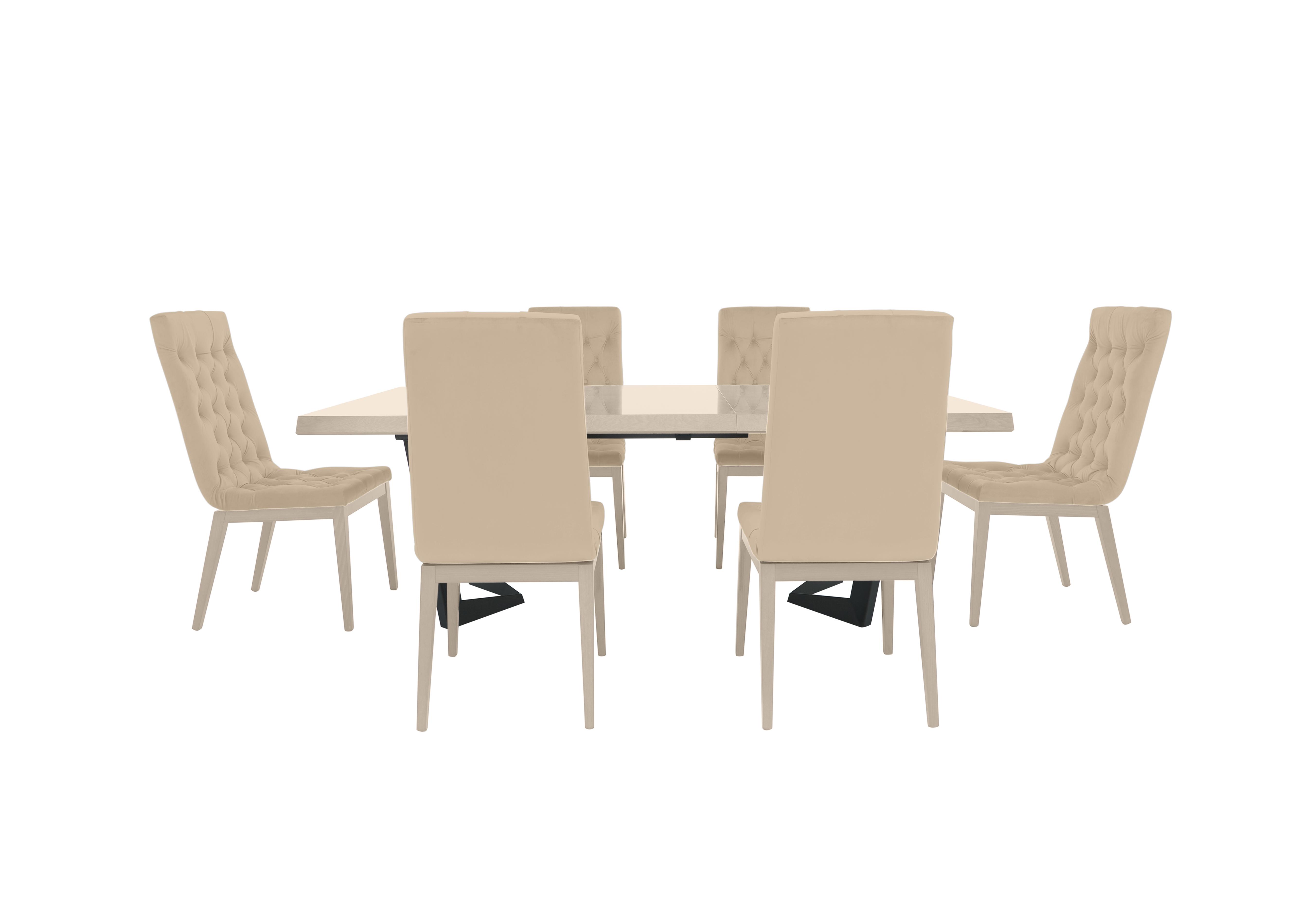 Palazzo 200cm Extending Dining Table in Sand Birch with 6 Capitonne Buttoned Dining Chairs in Aquos 128 03 Cream on Furniture Village