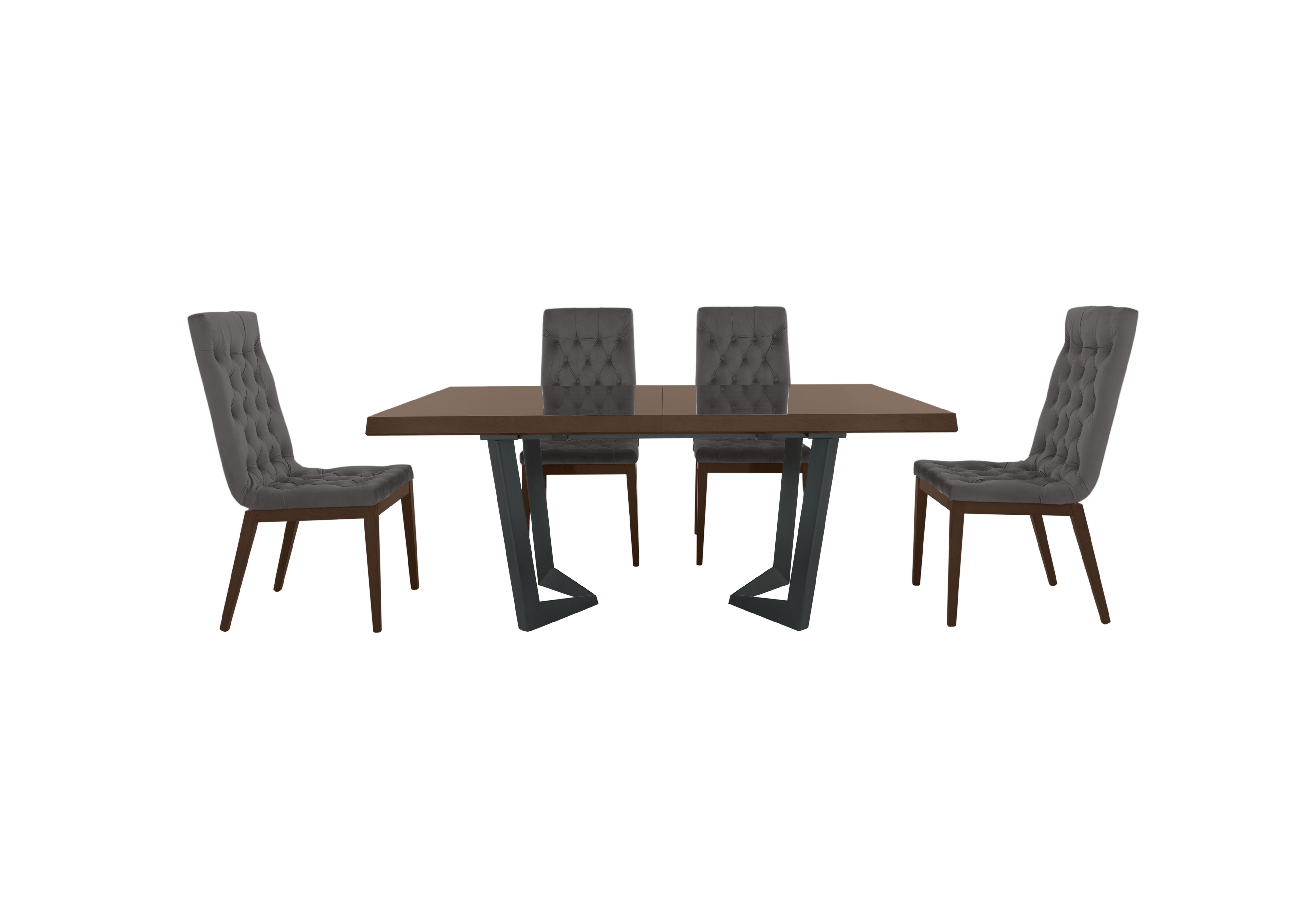 Palazzo 160cm Extending Dining Table in Dark Walnut with 4 Capitonne Buttoned Dining Chairs in Aquos 126 32 Dark Grey on Furniture Village