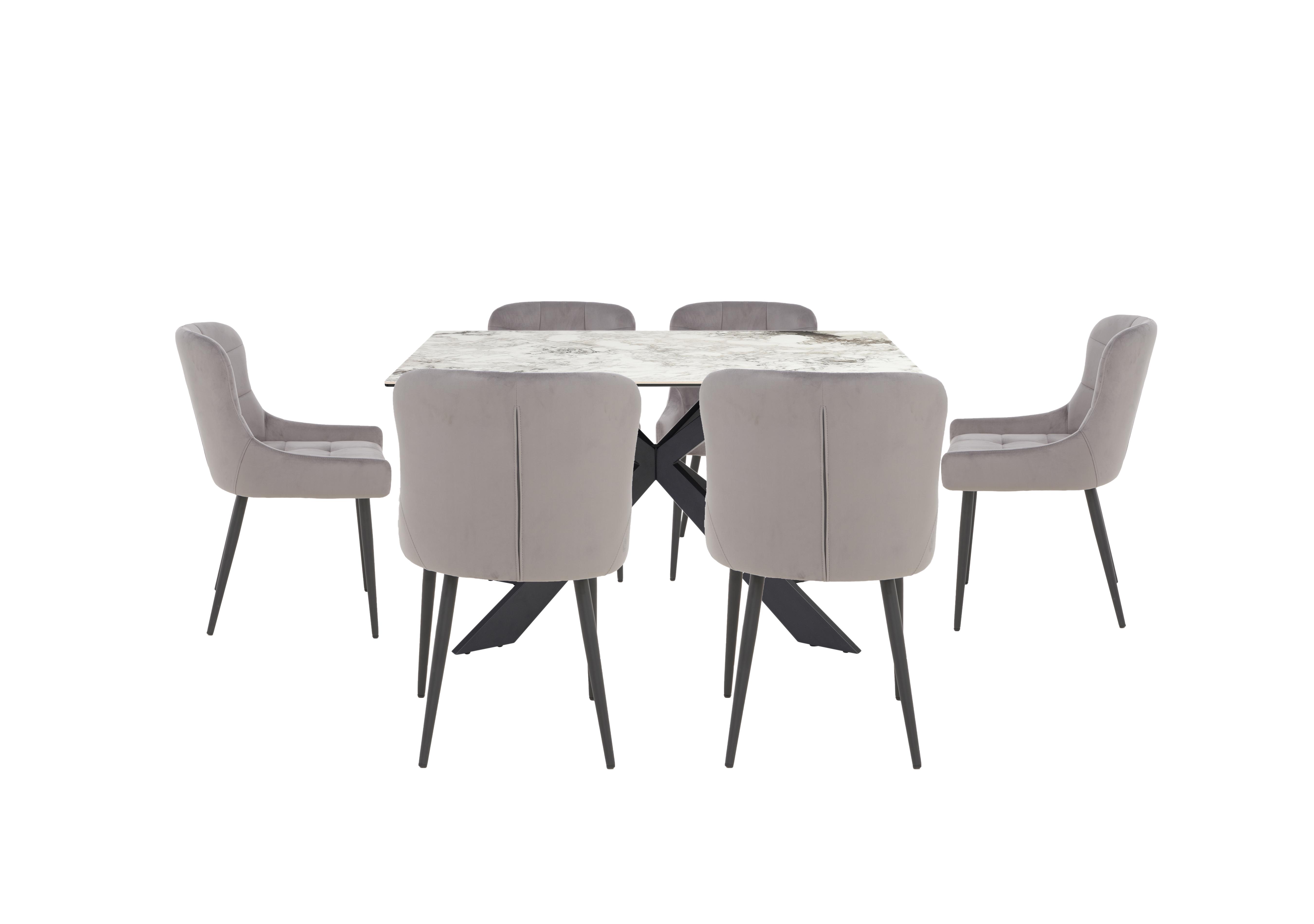 Kos Dining Table with 6 Velvet Dining Chairs Dining Set in Granite on Furniture Village