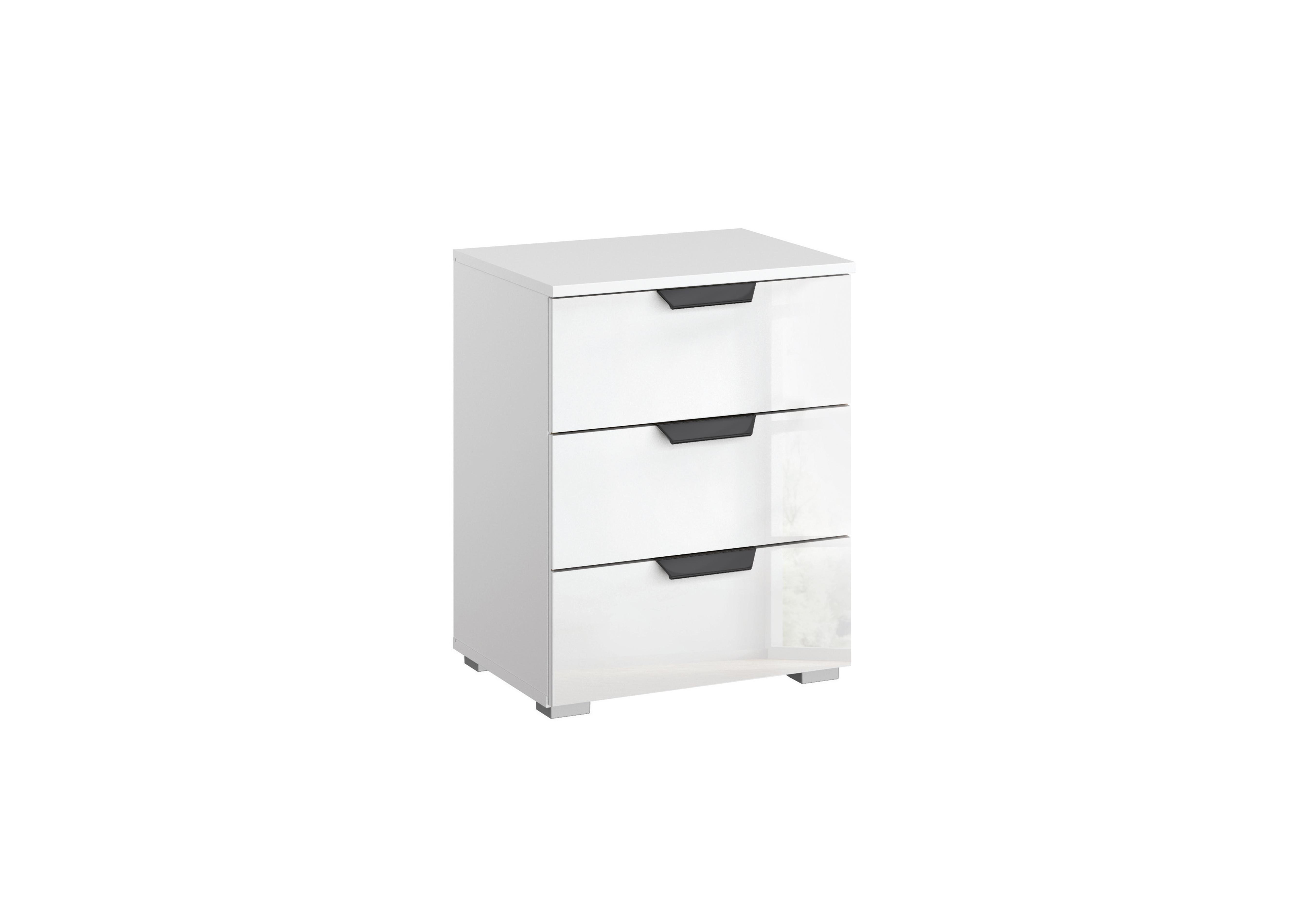 Lima 3 Drawer Bedside Cabinet with Glass Front in A990w Alp Wht/Wht Gls on Furniture Village