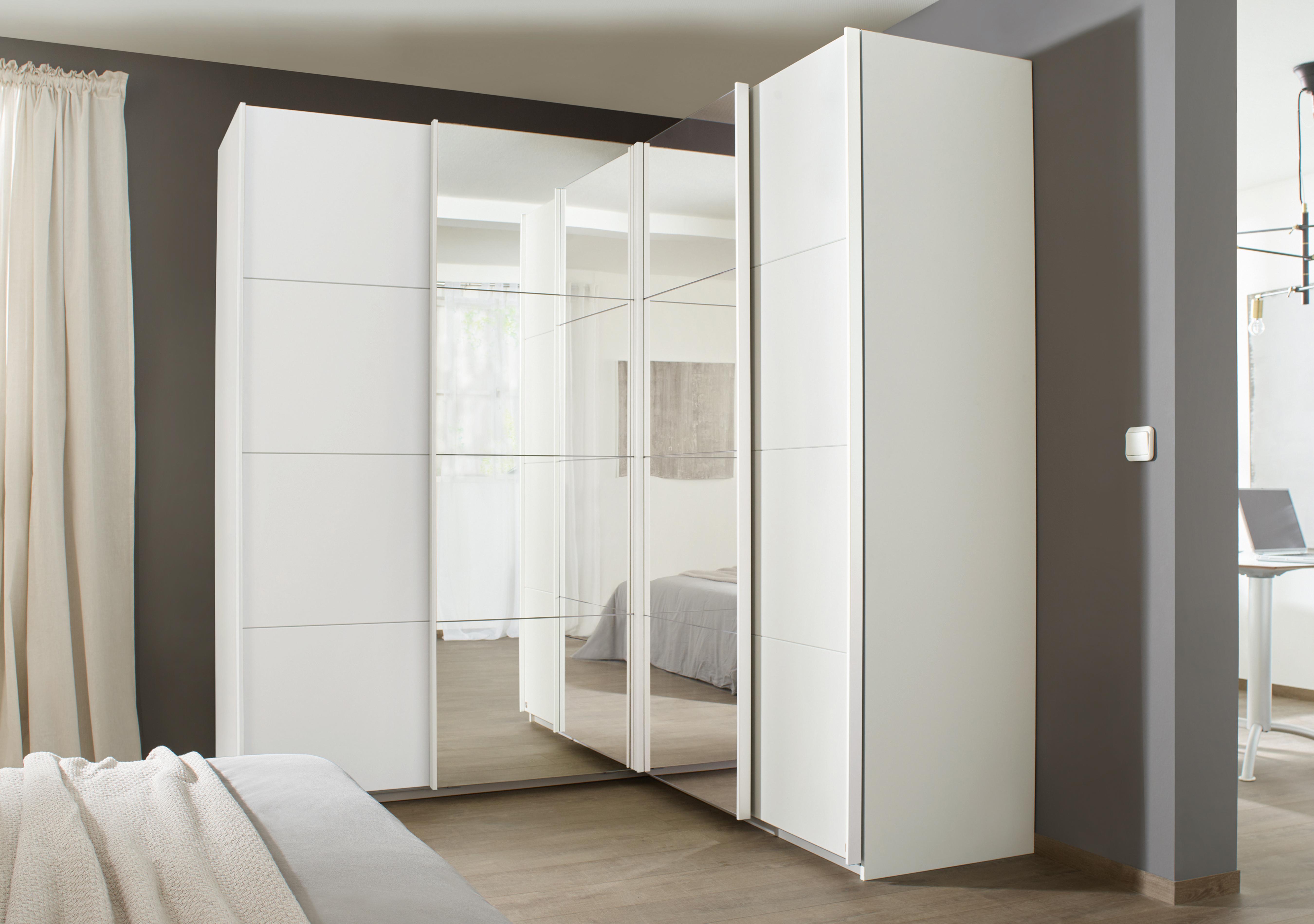 Lima 181cm 4 Door Corner Sliding Wardrobe with 2 Decor Doors and 2 Mirror Doors 210cm Tall in  on Furniture Village