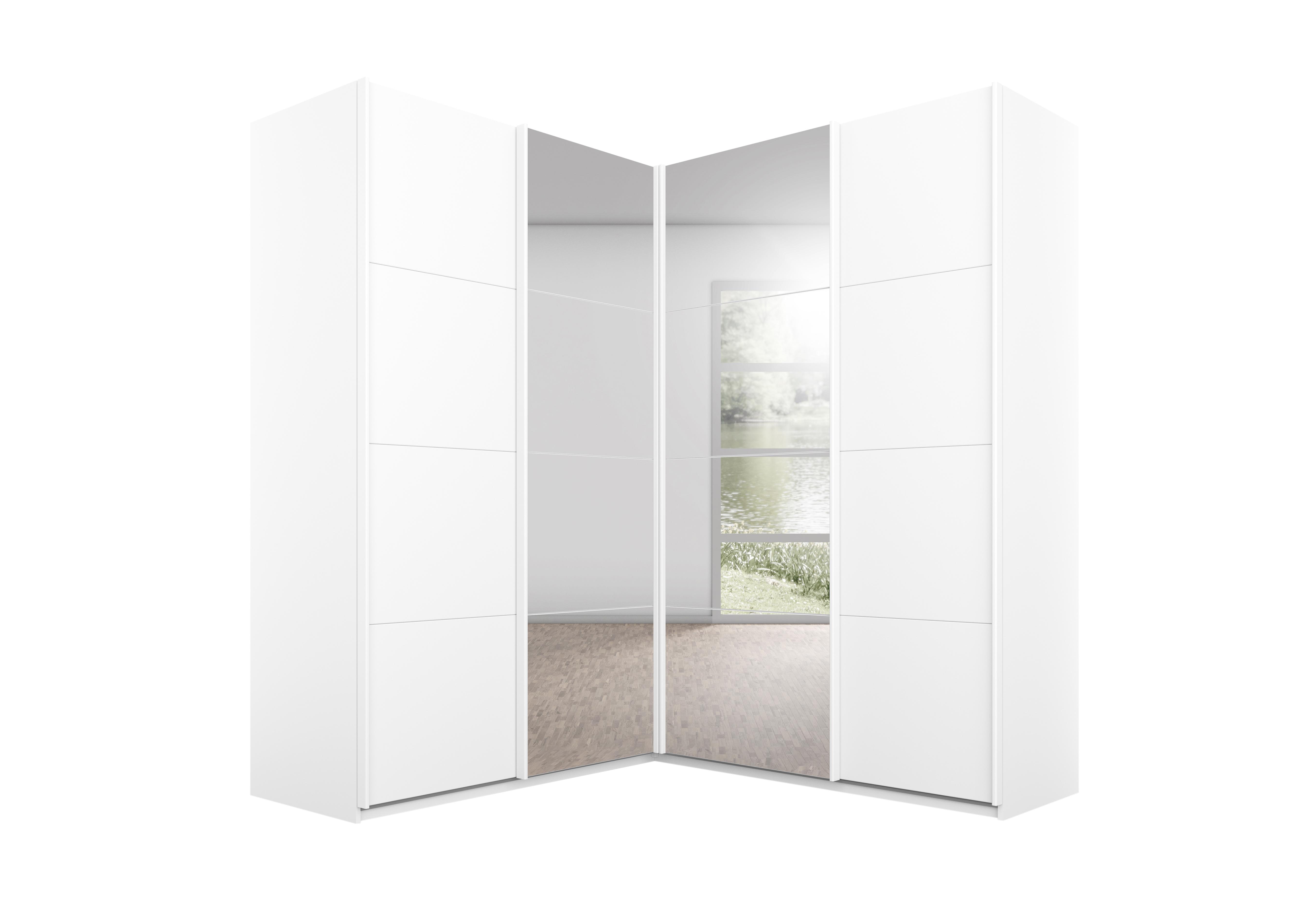 Lima 181cm 4 Door Corner Sliding Wardrobe with 2 Decor Doors and 2 Mirror Doors 210cm Tall in Ag290alp Wht/Alp Wht on Furniture Village