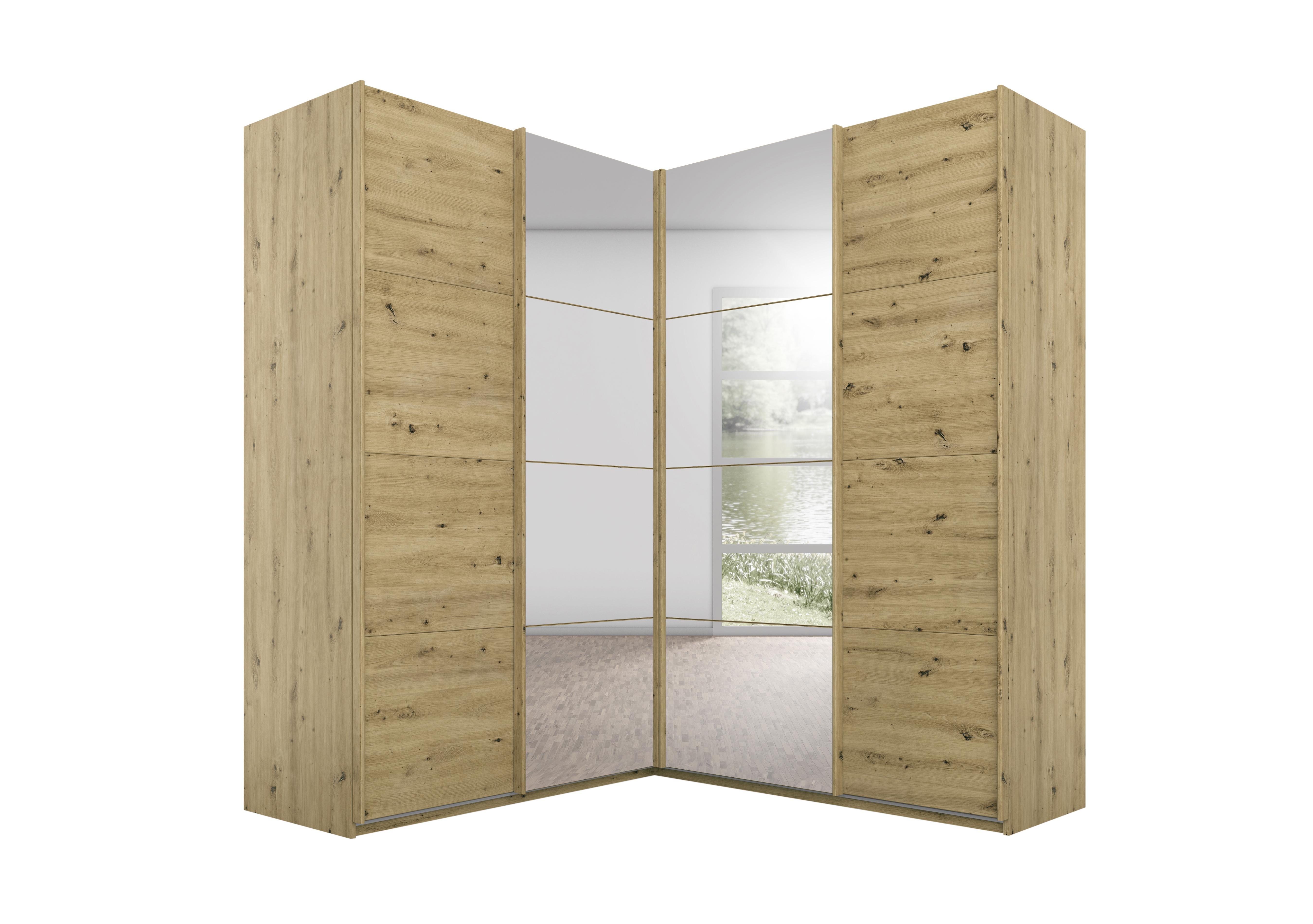 Lima 181cm 4 Door Corner Sliding Wardrobe with 2 Decor Doors and 2 Mirror Doors 210cm Tall in Ag293art Oak/Art Oak on Furniture Village