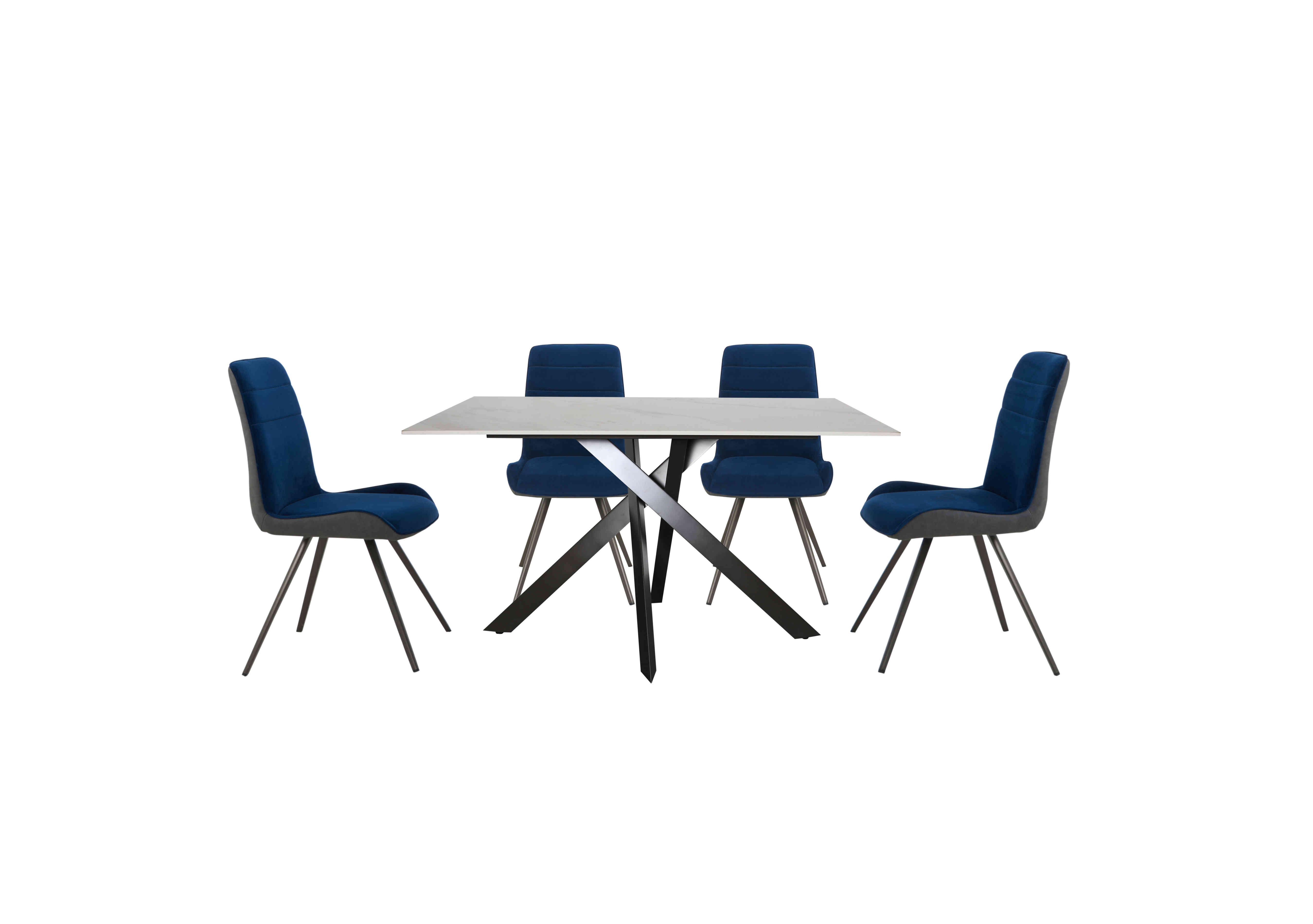 Samurai Compact Dining Table with White Ceramic Top and 4 Velvet Dining Chairs in Blue on Furniture Village