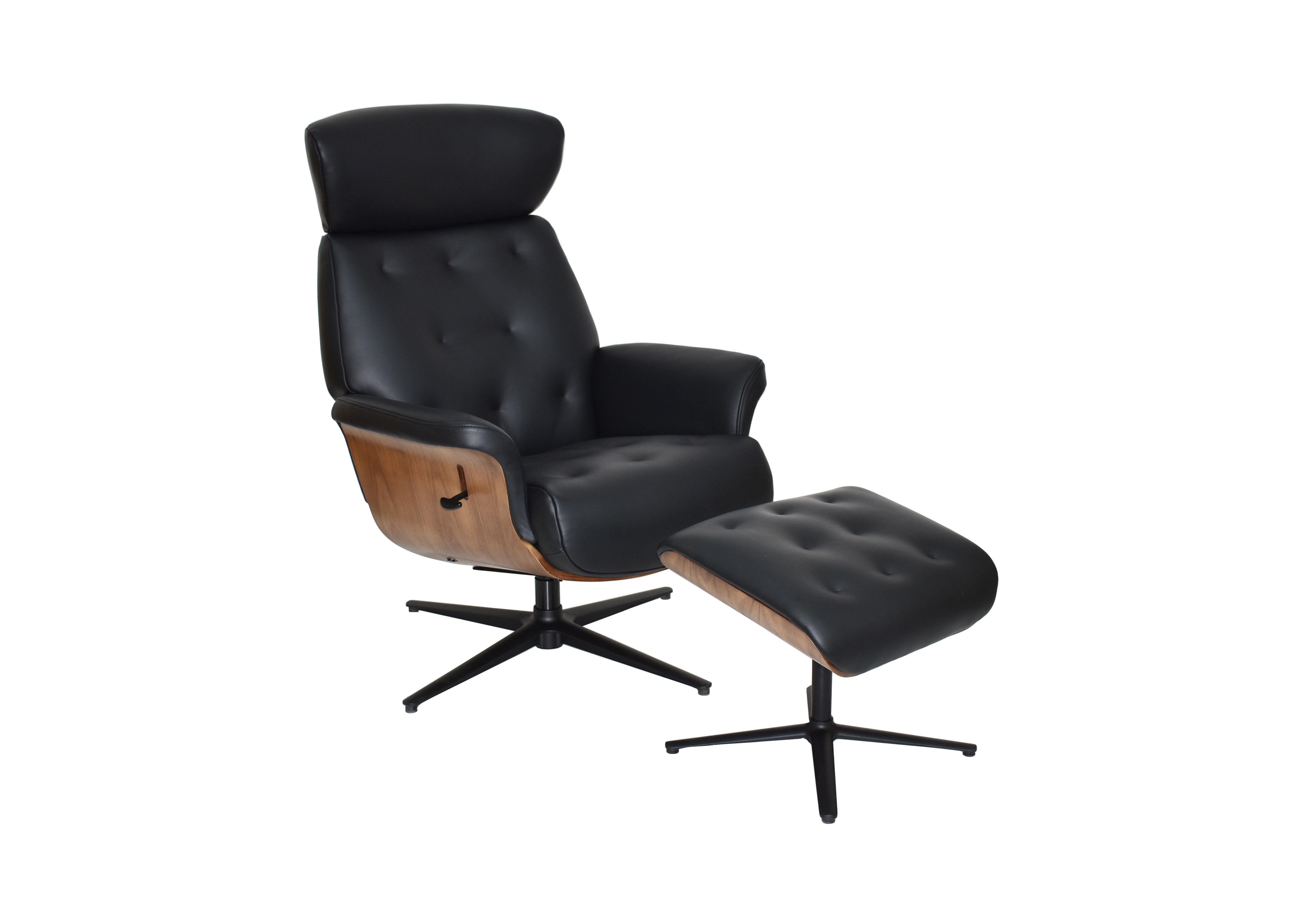 Kristof Leather Look Swivel Recliner Chair and Footstool in Black on Furniture Village