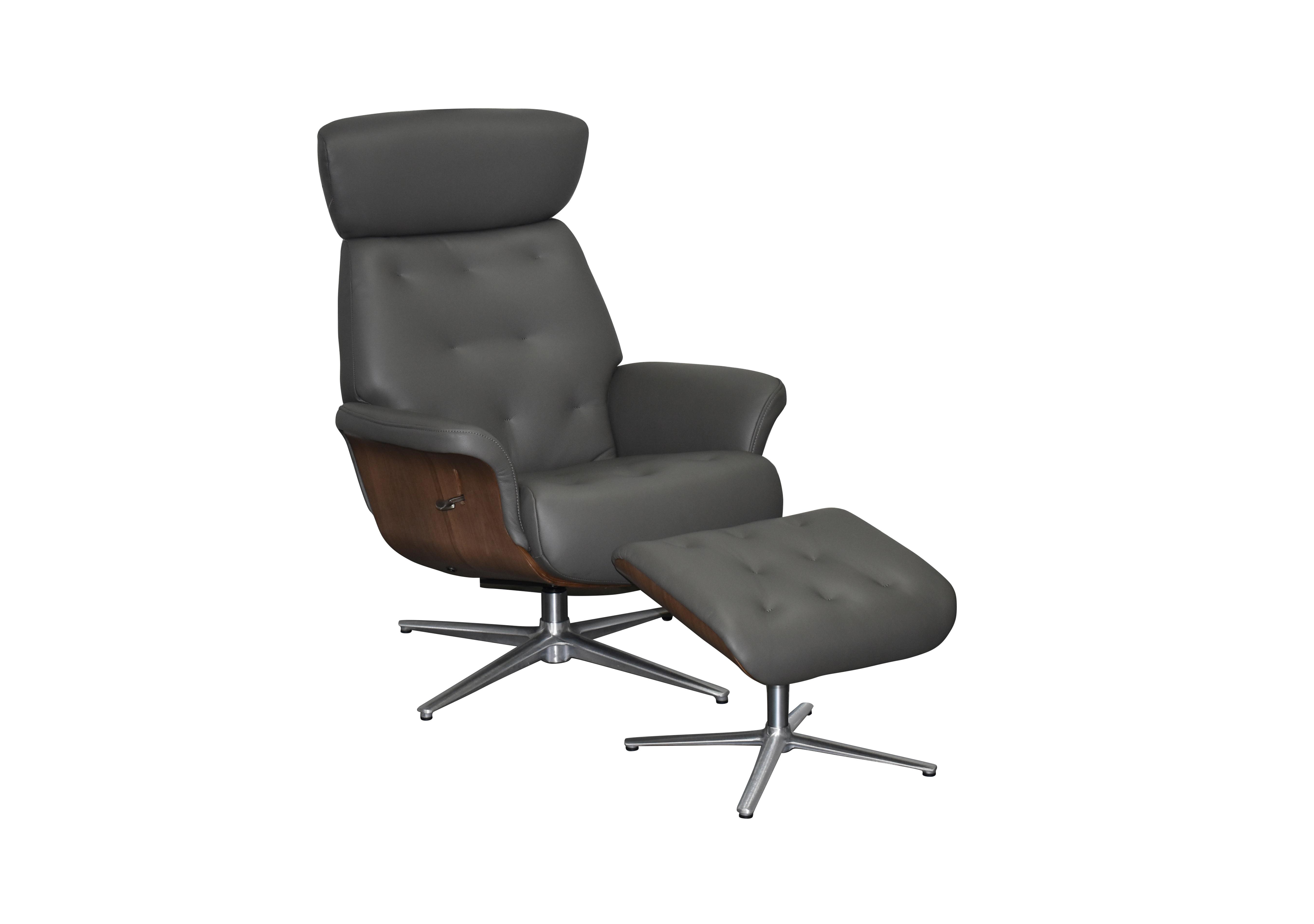 Kristof Leather Look Swivel Recliner Chair and Footstool in Charcoal on Furniture Village