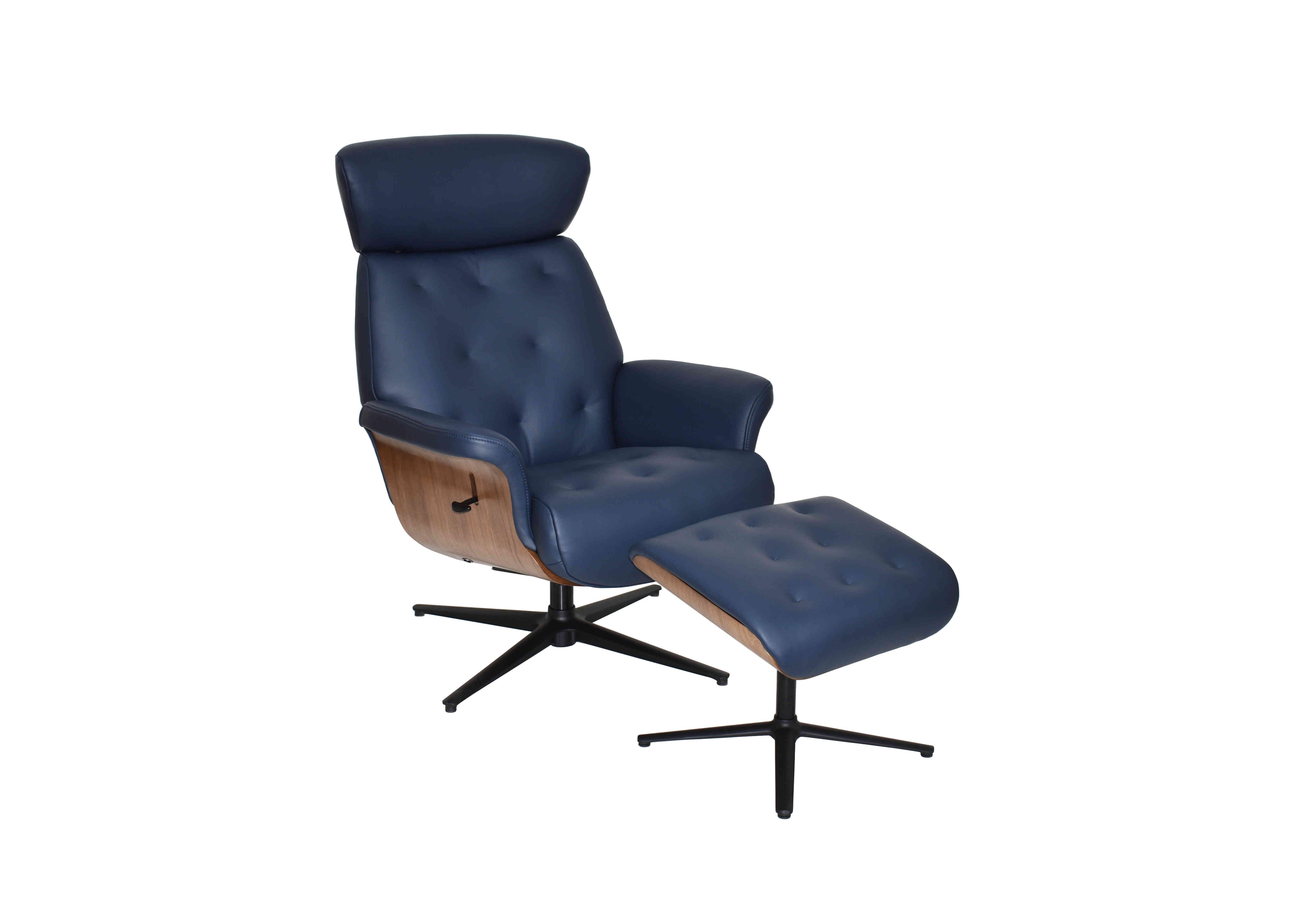 Kristof Leather Look Swivel Recliner Chair and Footstool in Navy on Furniture Village