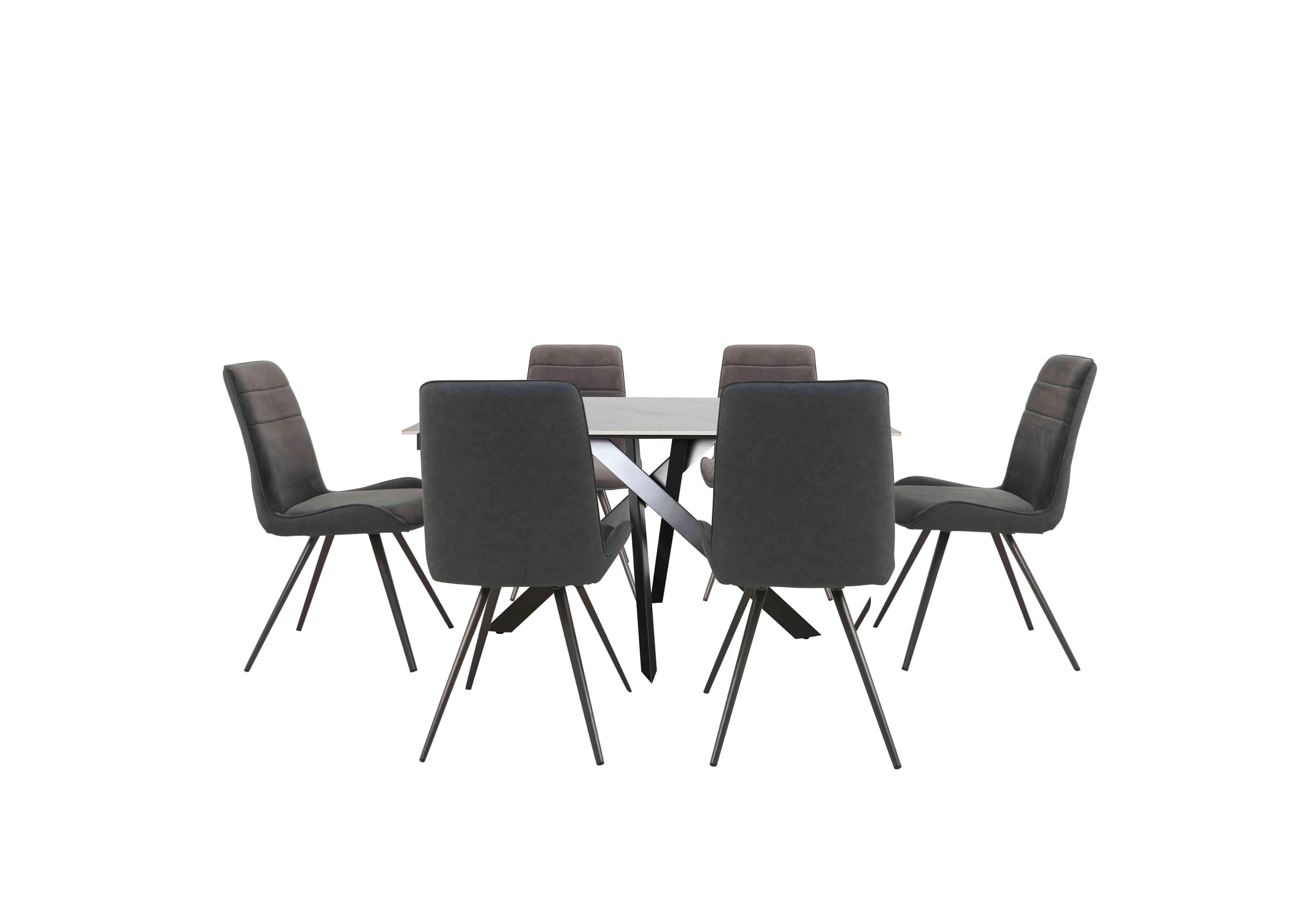 Samurai Compact Dining Table with White Ceramic Top and 6 Velvet Dining Chairs in Grey on Furniture Village