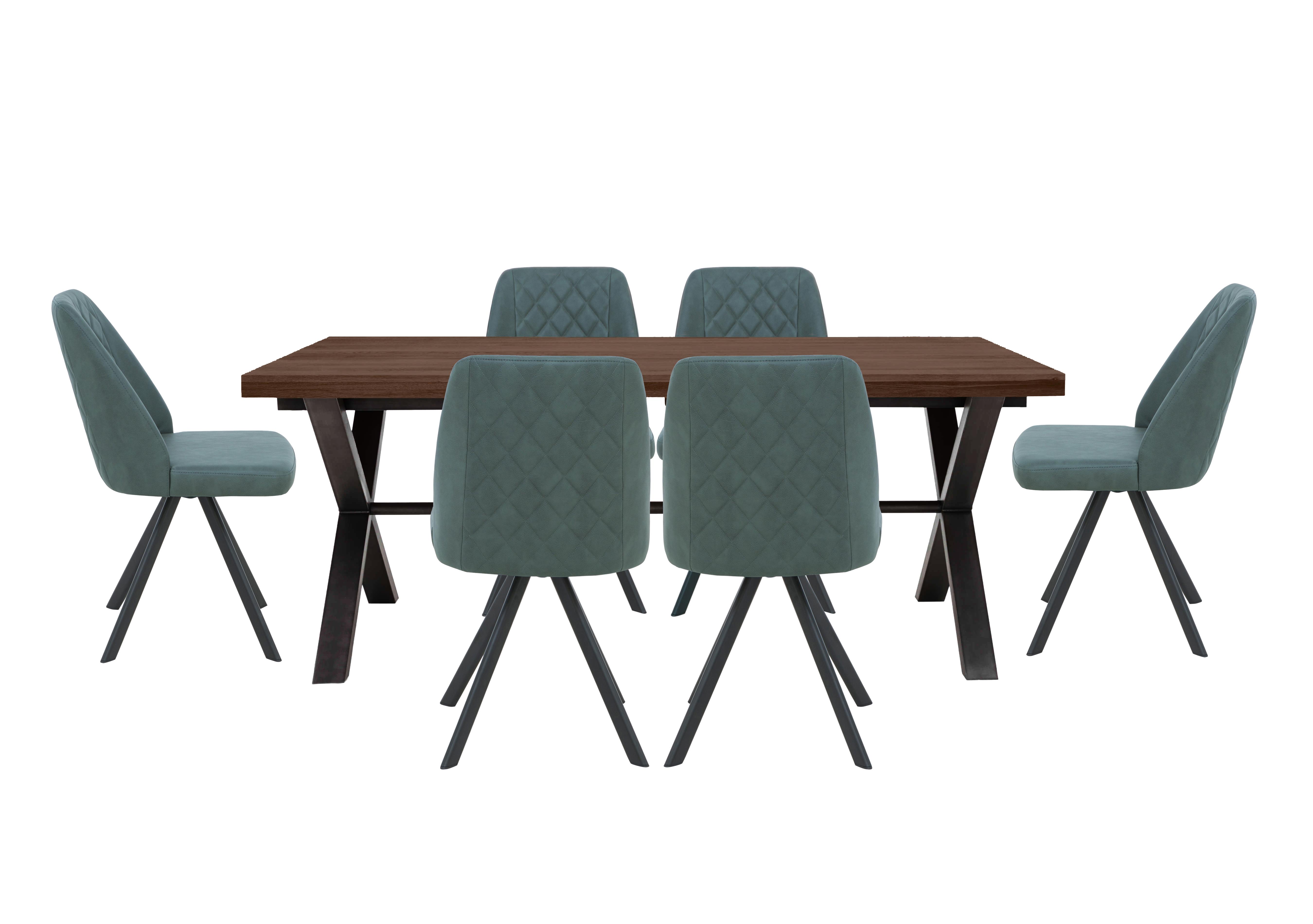 Mars Large Straight Edge Dining Table with 6 Faux Leather Swivel Dining Chairs in Green on Furniture Village