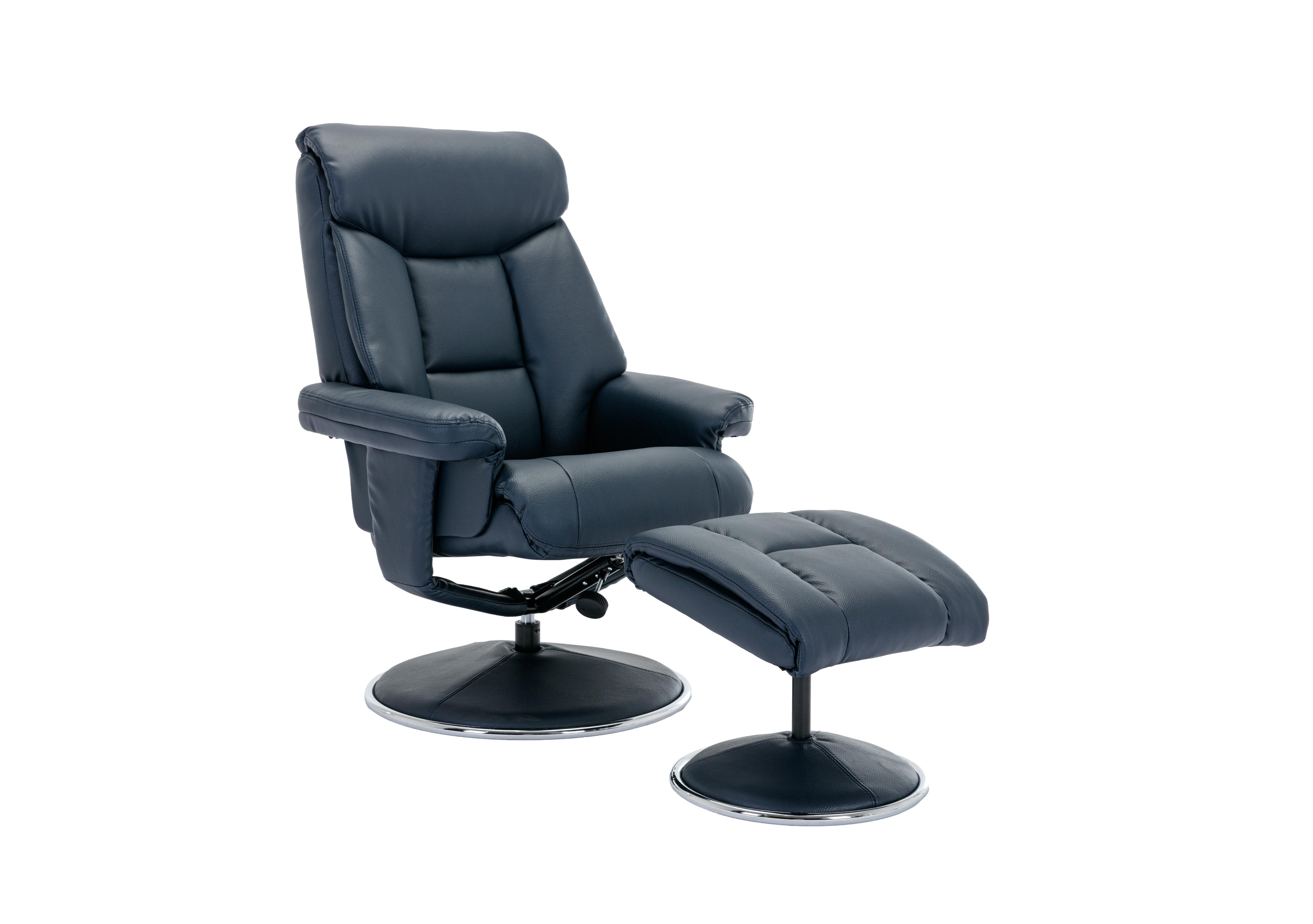 Bruges Faux Leather Swivel Recliner Chair and Footstool in Navy Plush on Furniture Village