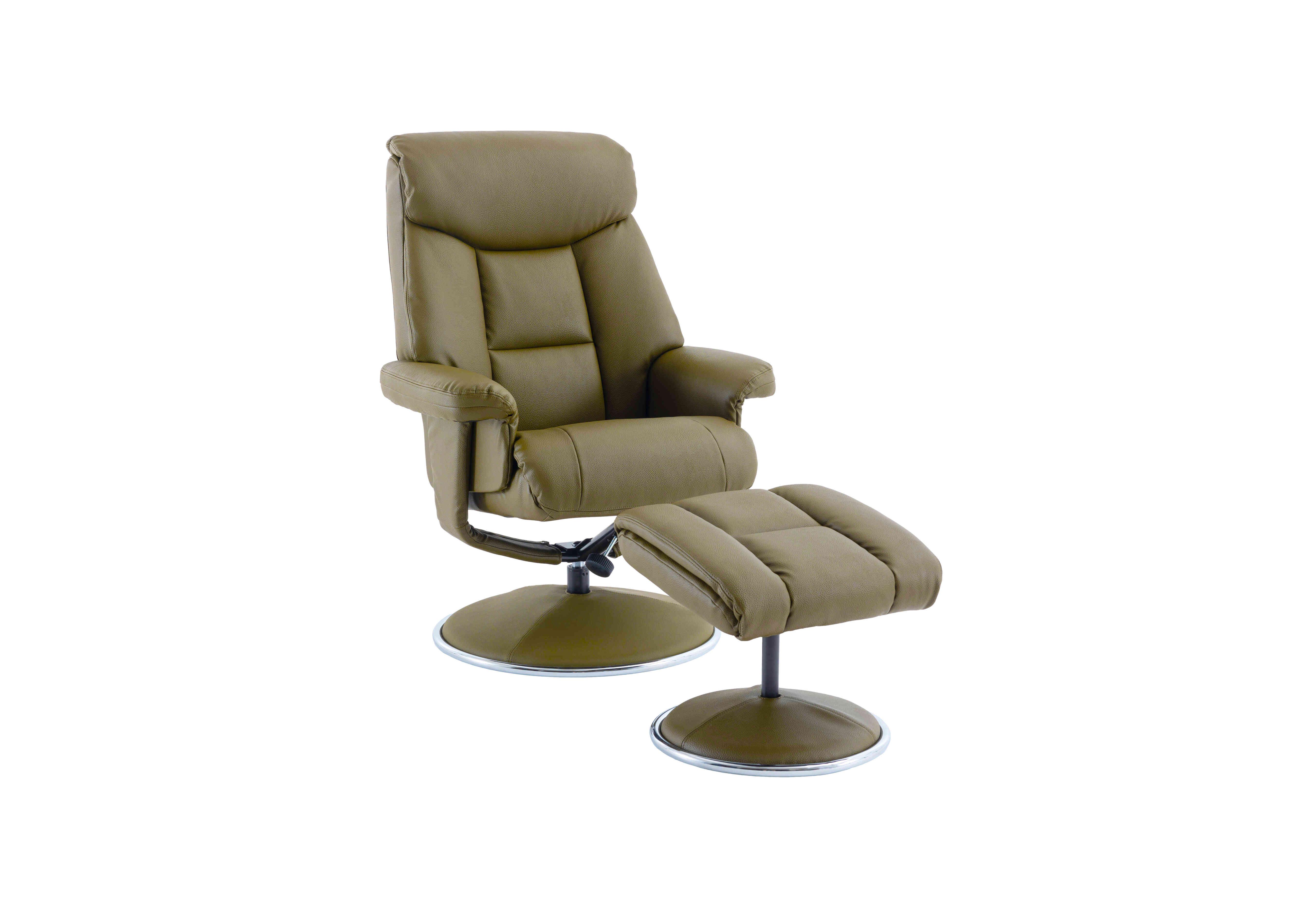 Bruges Faux Leather Swivel Recliner Chair and Footstool in Olive Green on Furniture Village