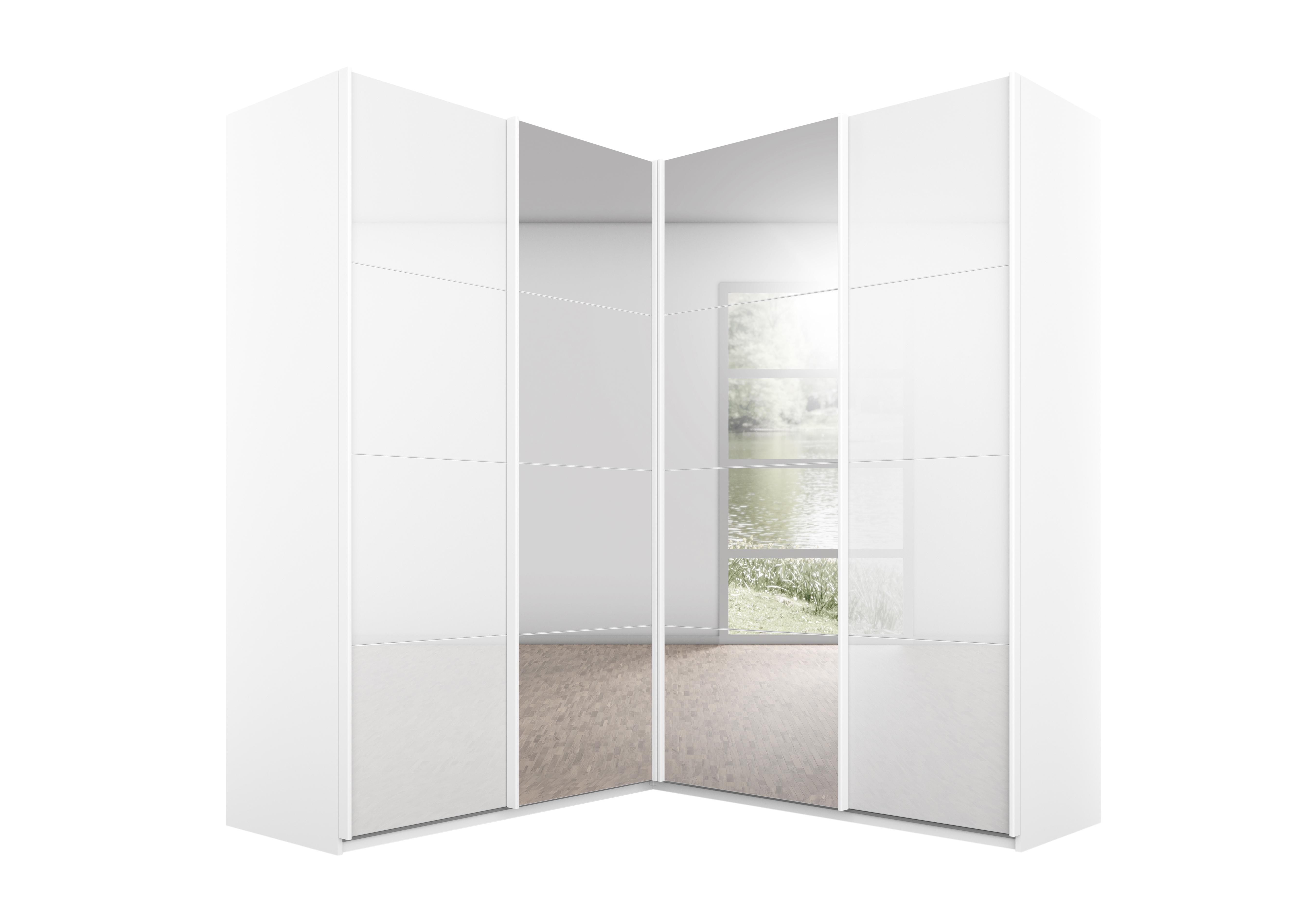 Lima 181cm 4 Door Corner Sliding Wardrobe with 2 Glass Doors and 2 Mirror Doors 210cm Tall in Ag296alp Wht/Wht Gls on Furniture Village