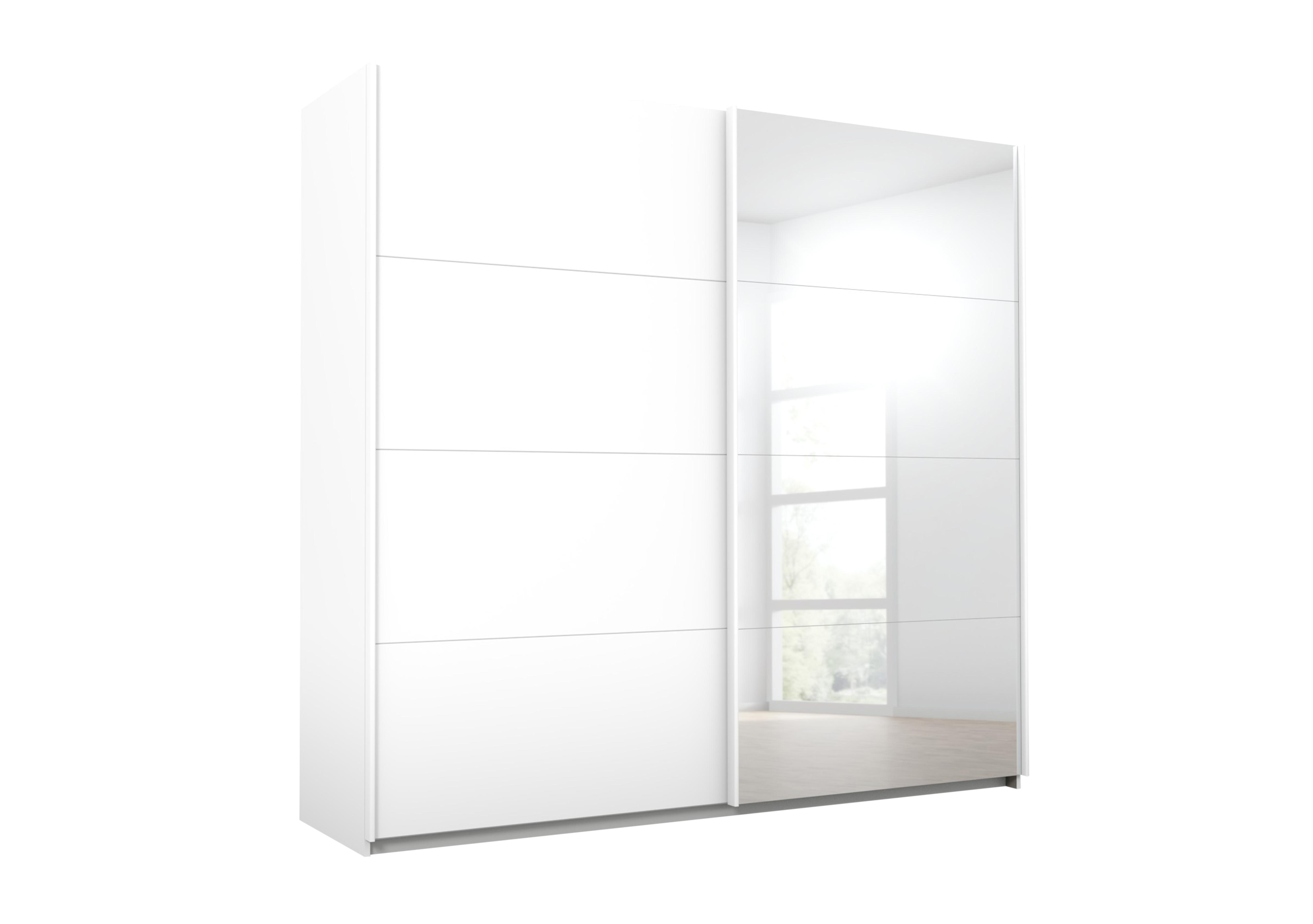 Lima 226cm 2 Door Sliding Wardrobe with 1 Decor Door and 1 Mirror Door 210cm Tall in Ag353alp Wht/Alp Wht on Furniture Village