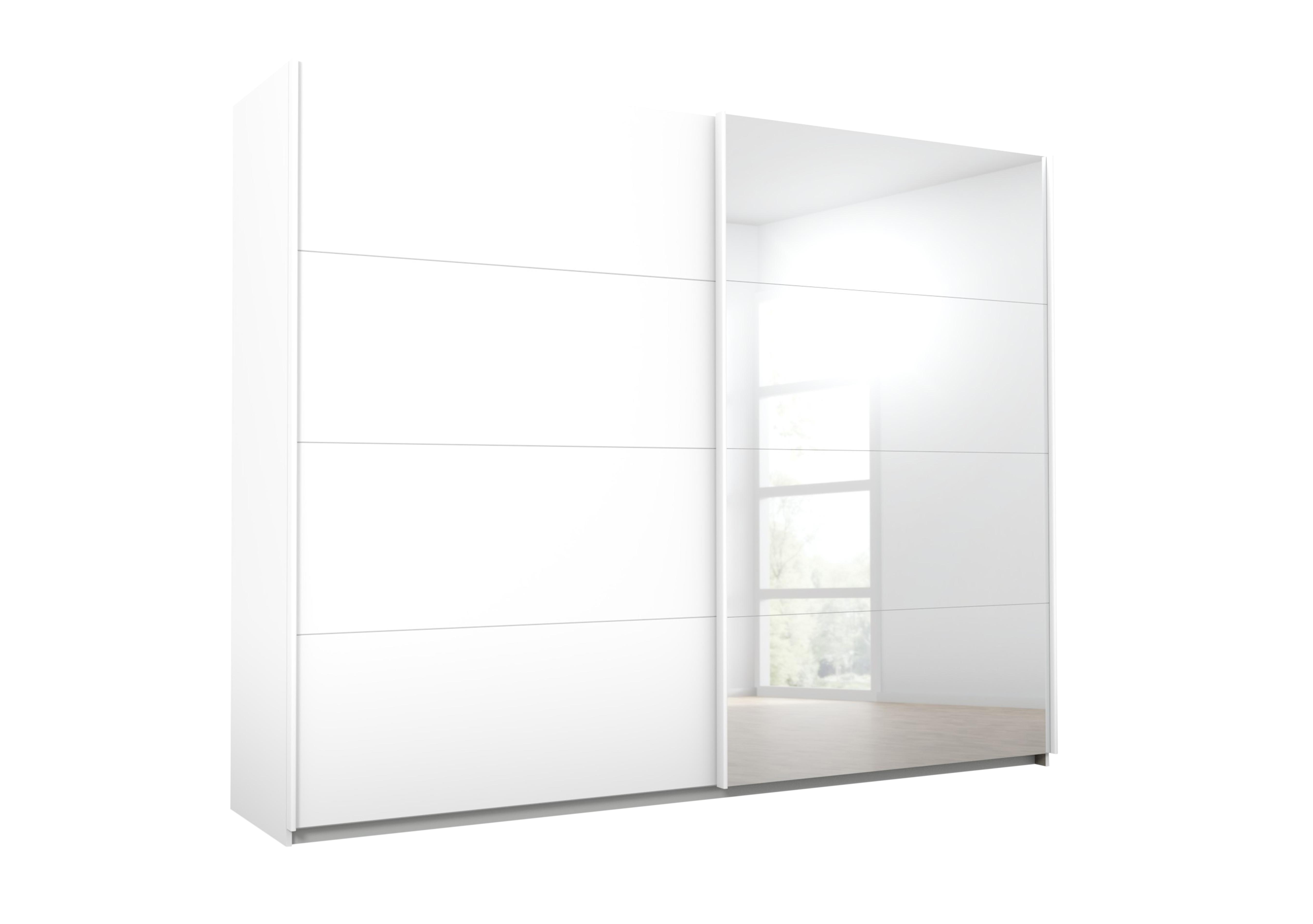 Lima 271cm 2 Door Sliding Wardrobe with 1 Decor Door and 1 Mirror Door 210cm Tall in Ag353alp Wht/Alp Wht on Furniture Village