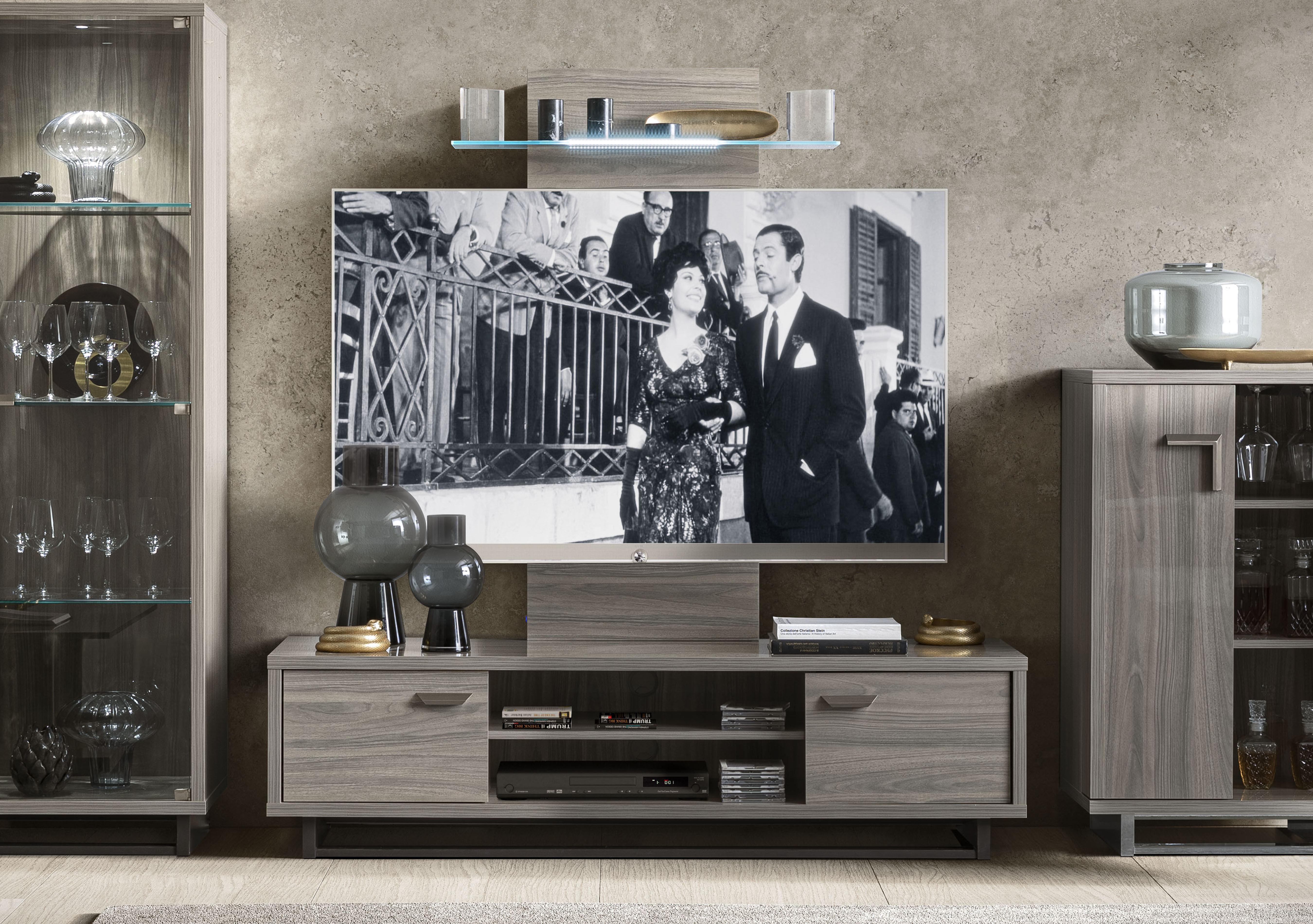 Venezia TV Unit Base plus Wall Panel with Shelf and LED Lights in  on Furniture Village